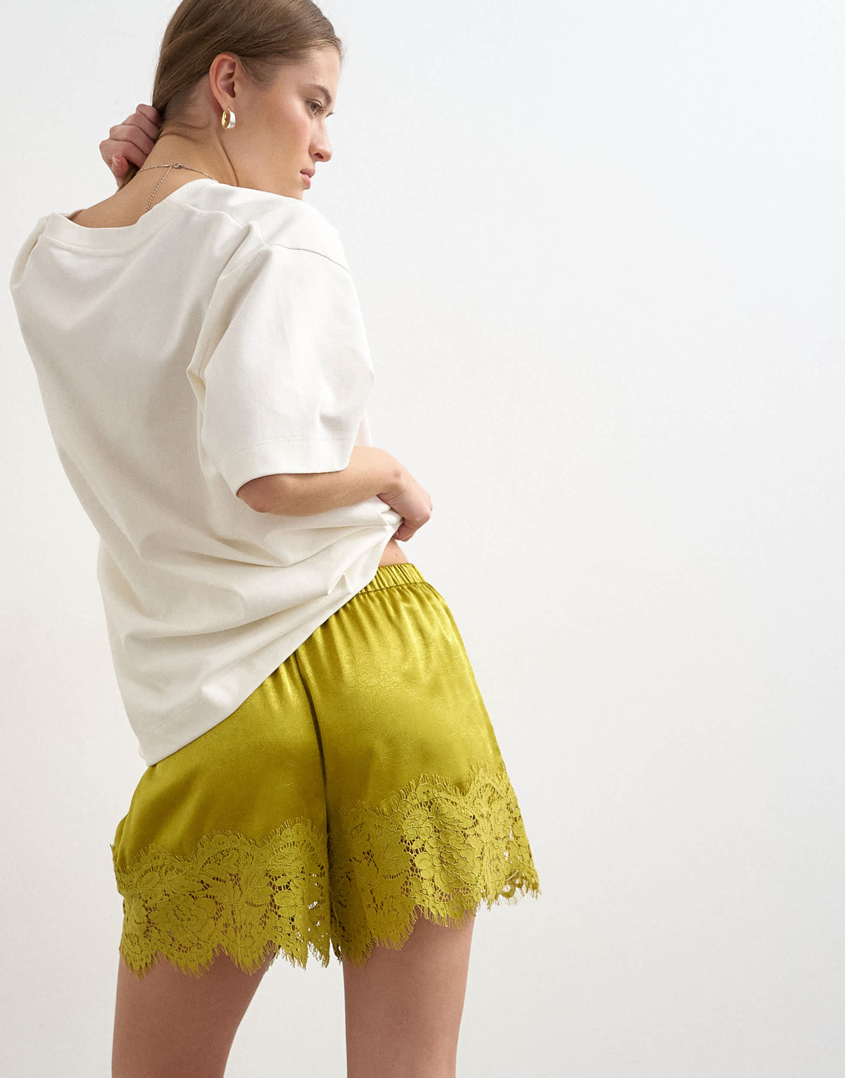 Topshop crinkle satin a-line mini short with lace trim in chartreuse 