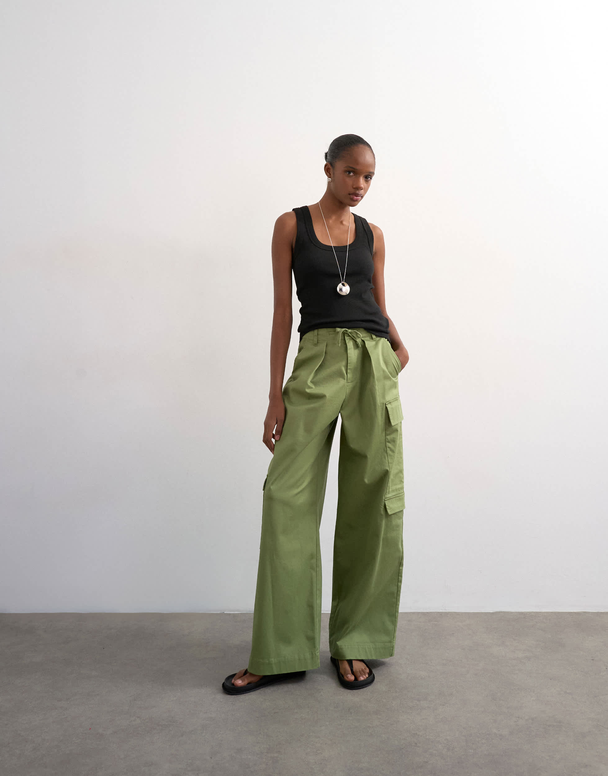 Topshop clean A line wide leg cargo with tie waist in khaki