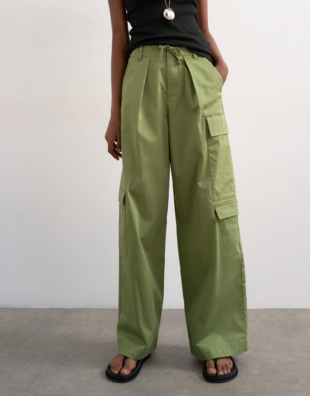 Topshop clean A line wide leg cargo with tie waist in khaki