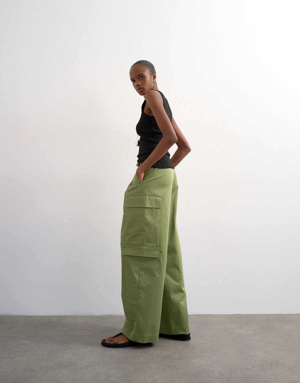 Topshop clean A line wide leg cargo with tie waist in khaki