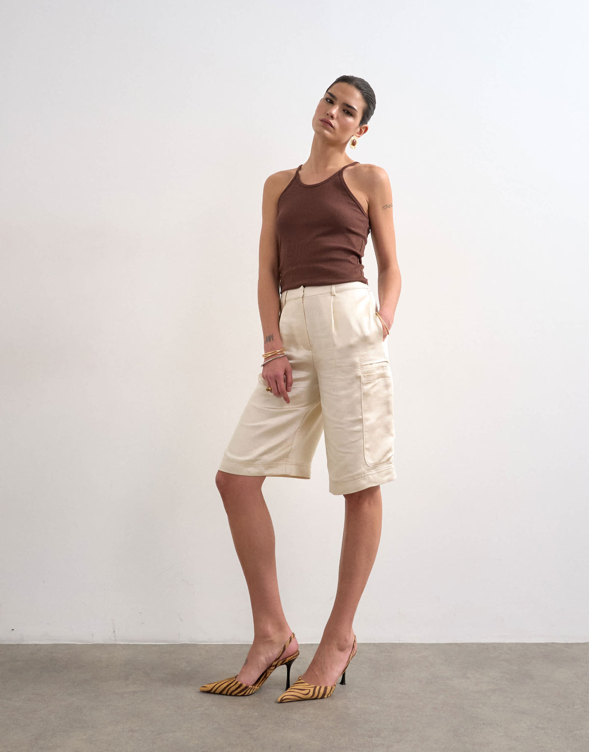Topshop satin longline cargo short in ecru