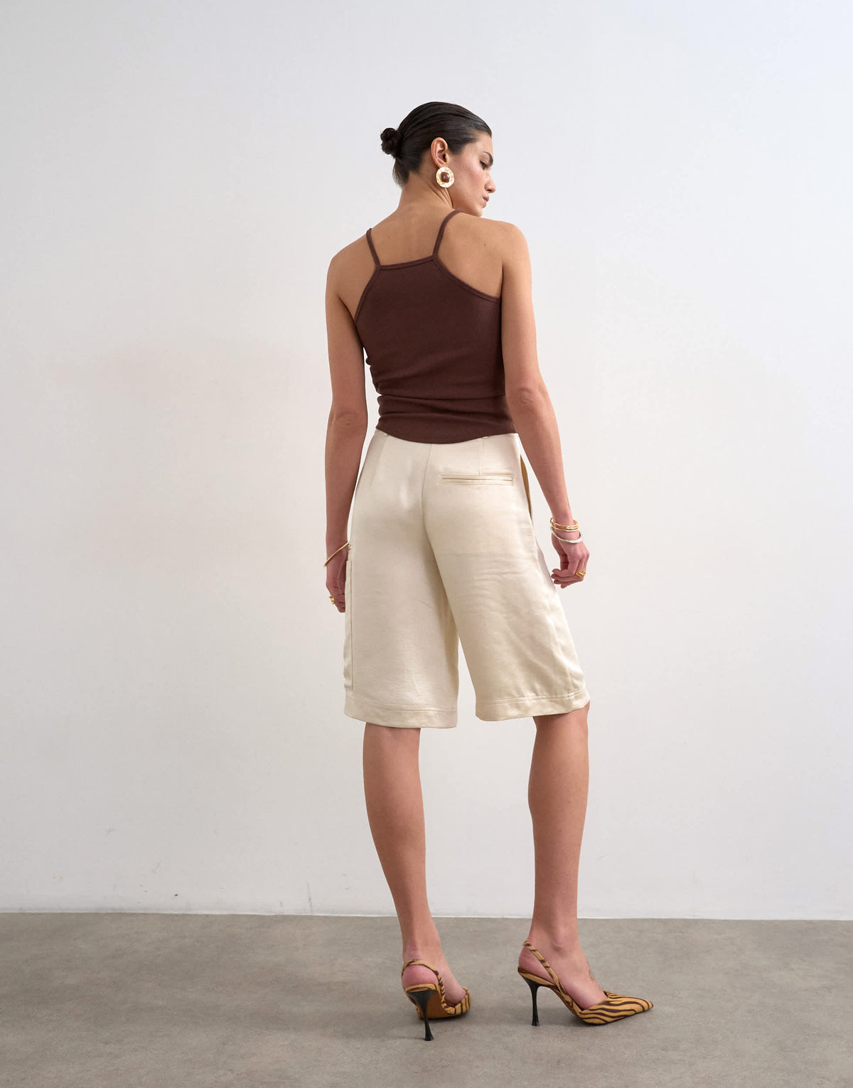 Topshop satin longline cargo short in ecru