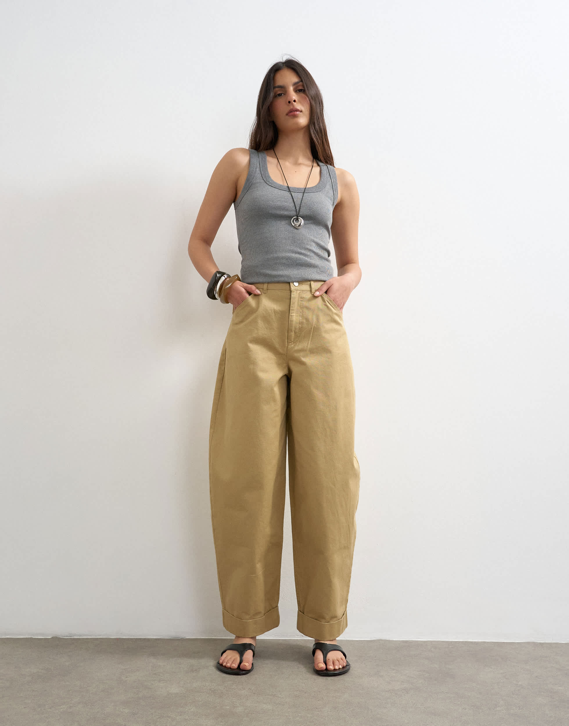 Topshop clean cargo trouser with rolled hem in tan