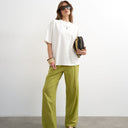 Topshop linen straight leg trouser with deep cuff in mid green