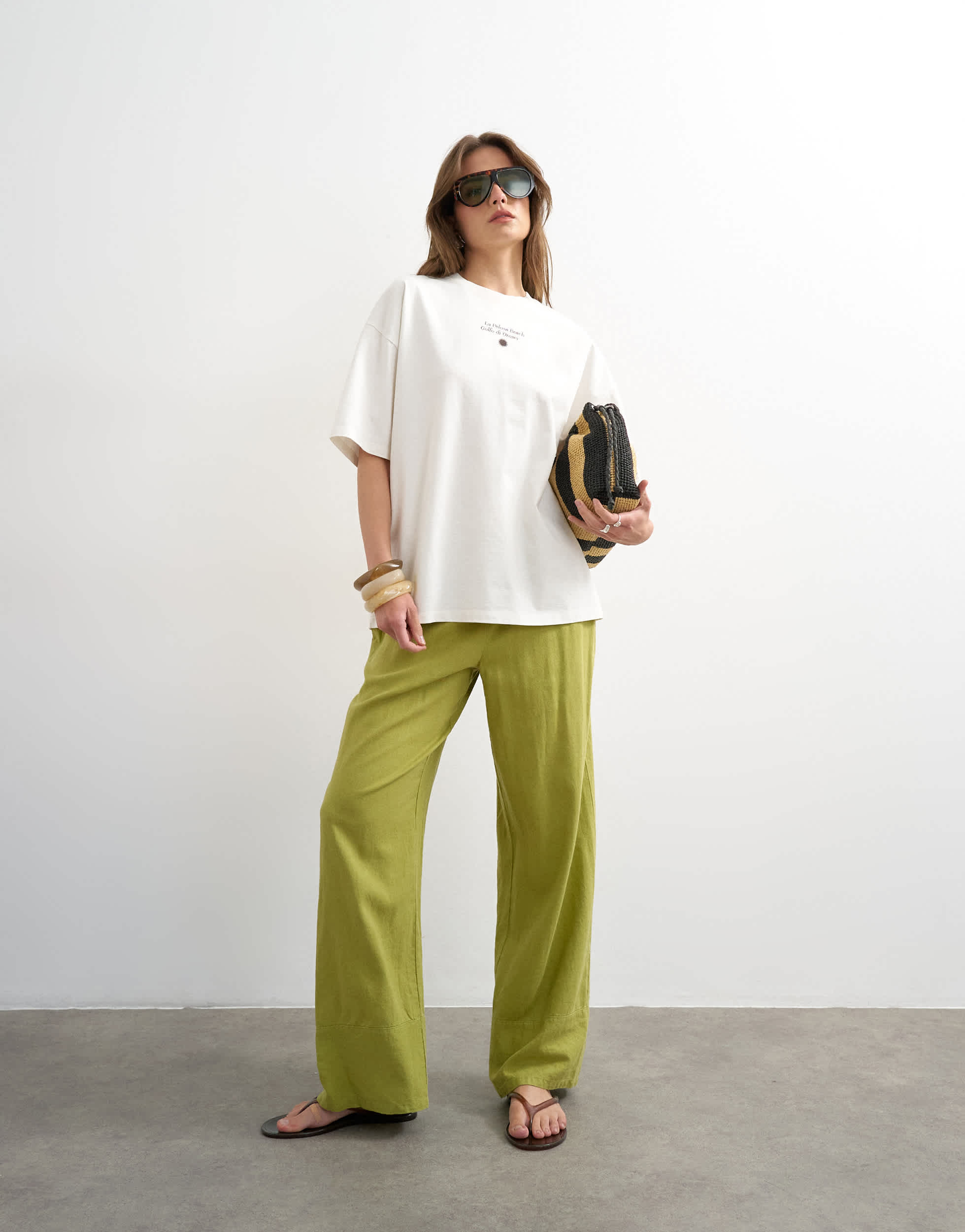 Topshop linen straight leg trouser with deep cuff in mid green