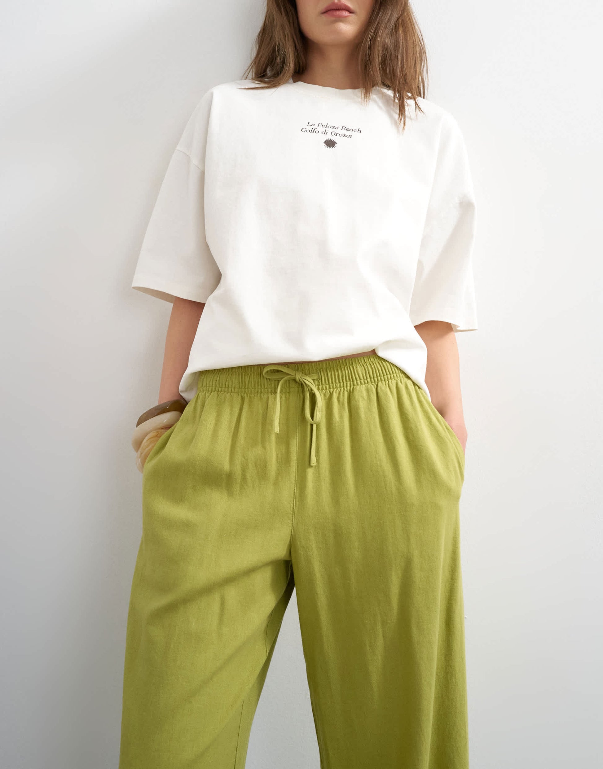Topshop linen straight leg trouser with deep cuff in mid green