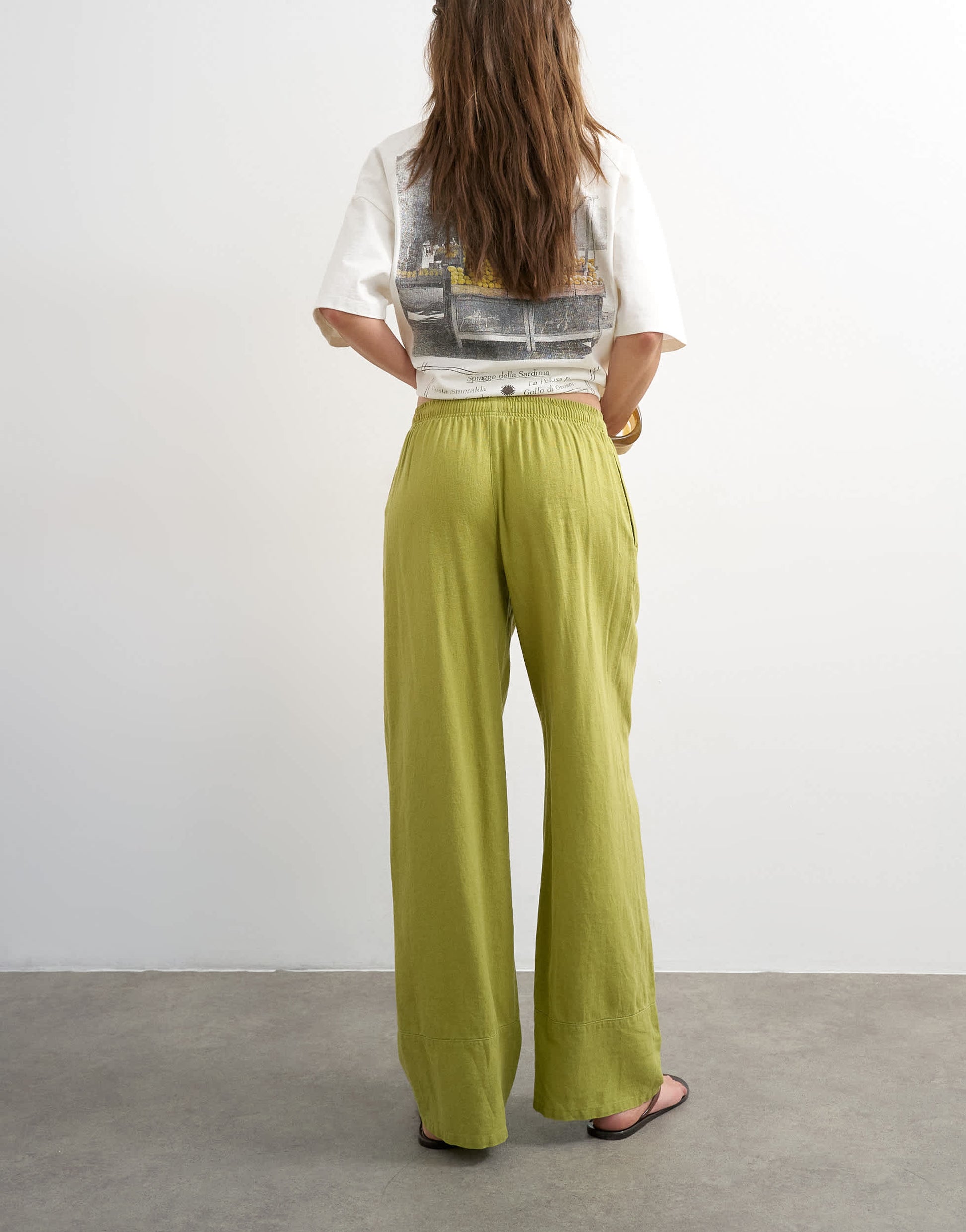 Topshop linen straight leg trouser with deep cuff in mid green