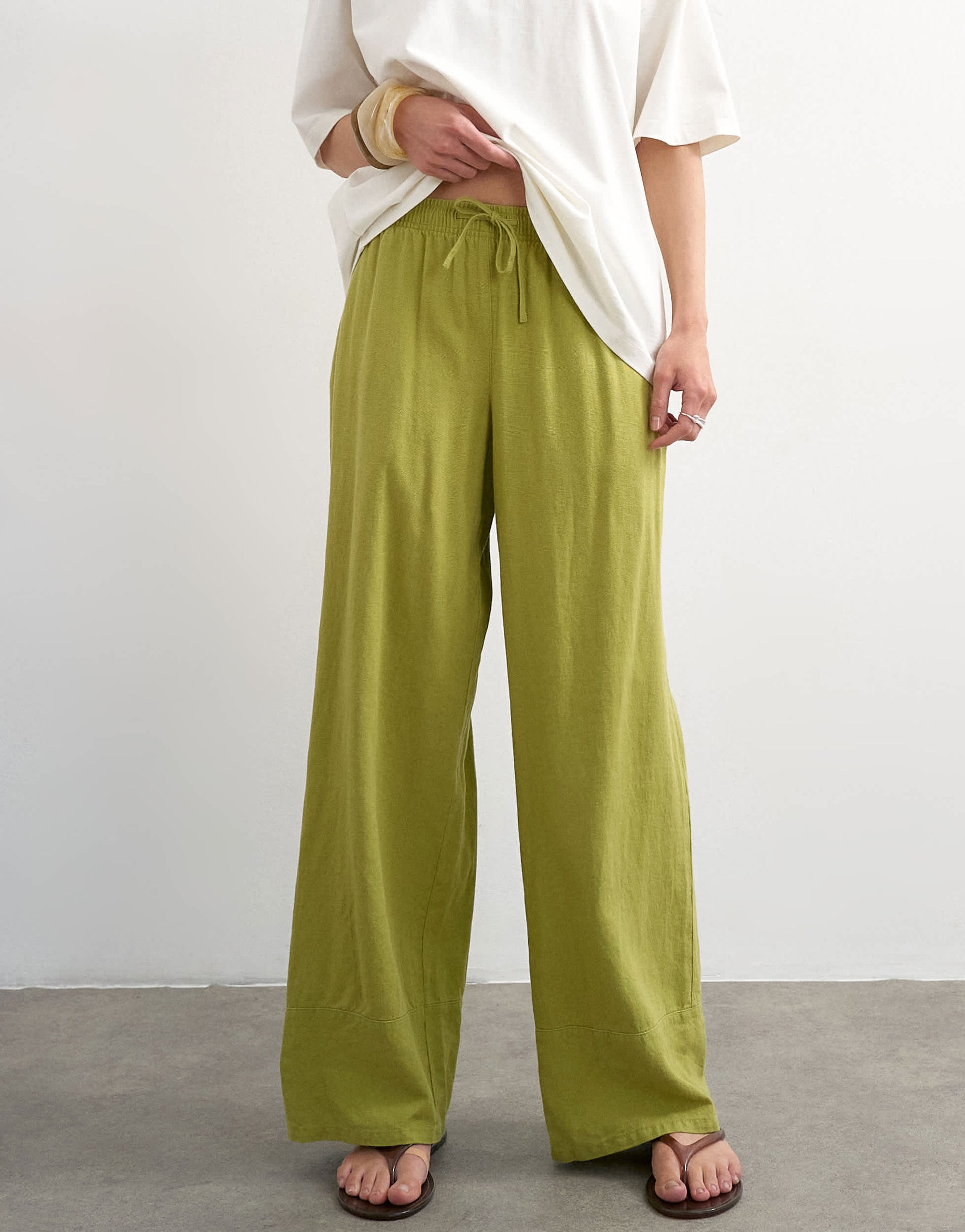 Topshop linen straight leg trouser with deep cuff in mid green