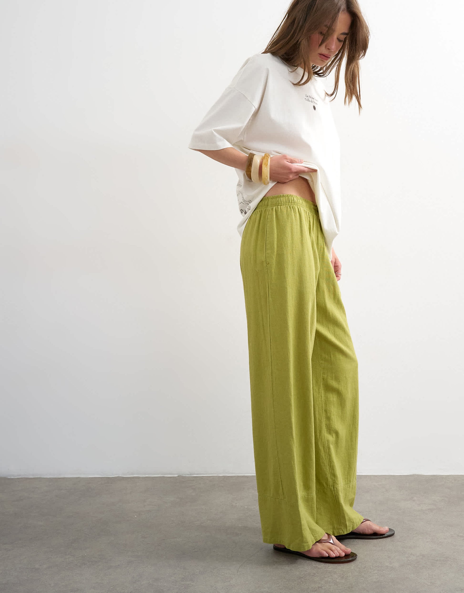 Topshop linen straight leg trouser with deep cuff in mid green