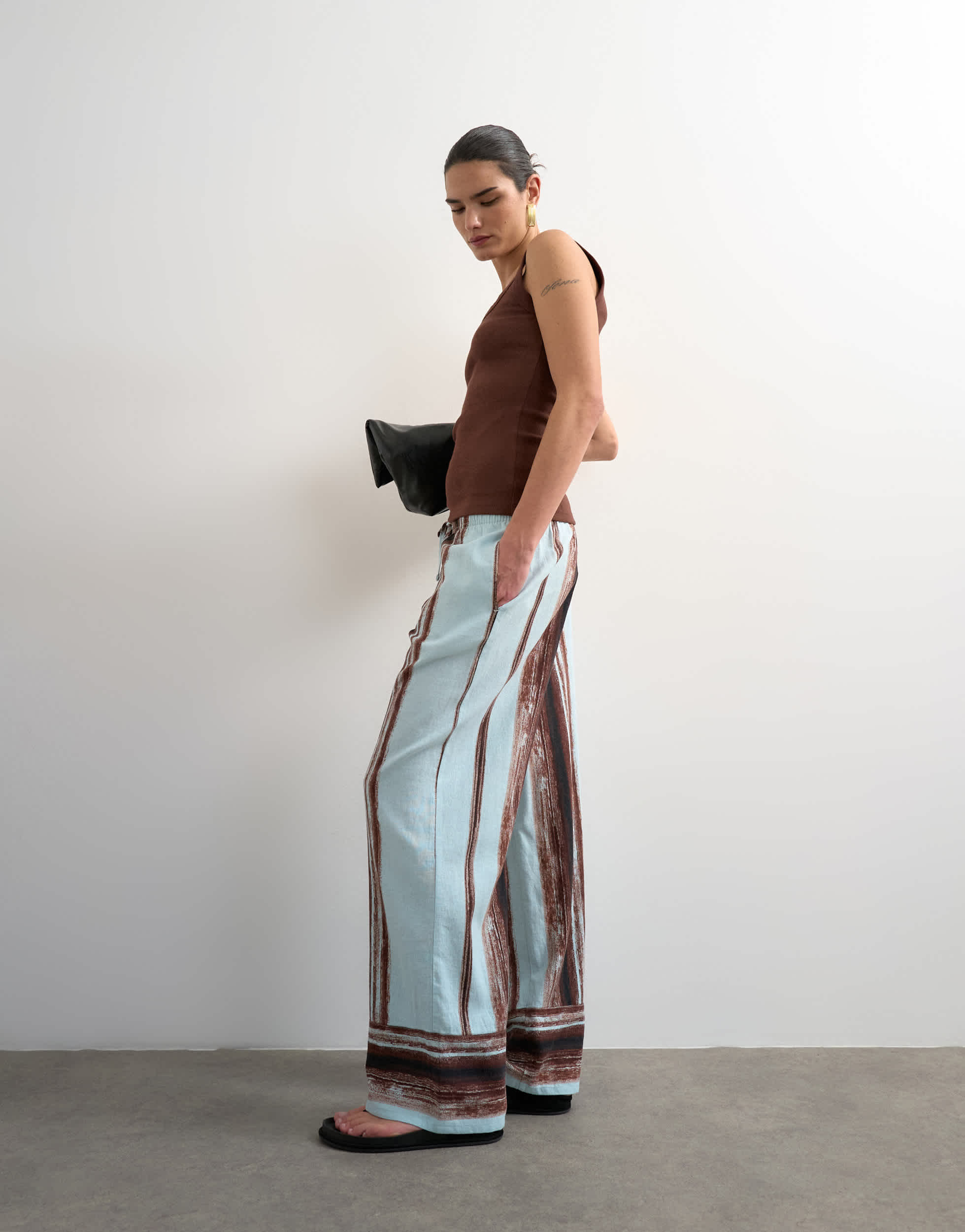 Topshop linen blue painted stripe straight leg trouser with deep cuff in blue