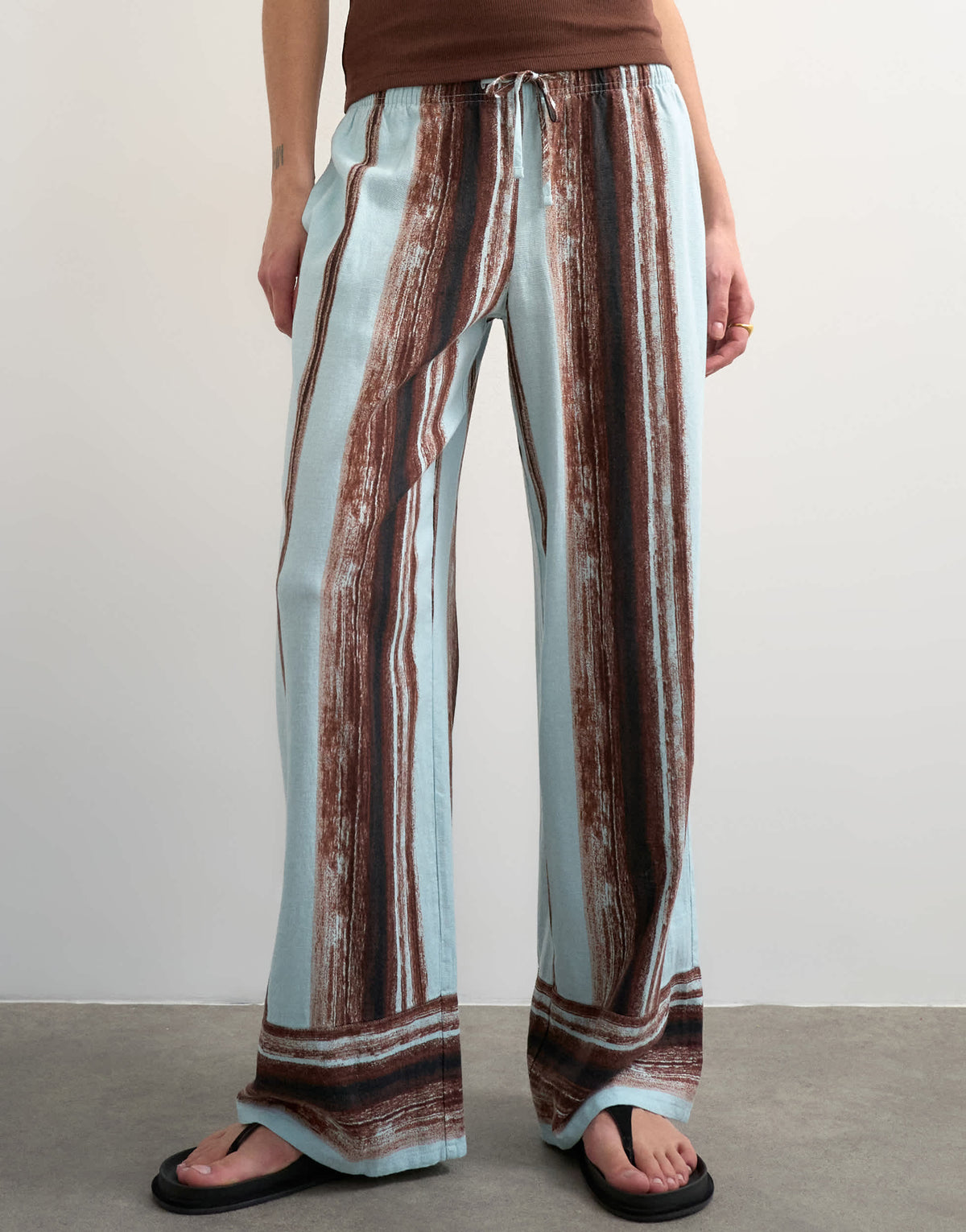 Topshop linen blue painted stripe straight leg trouser with deep cuff in blue