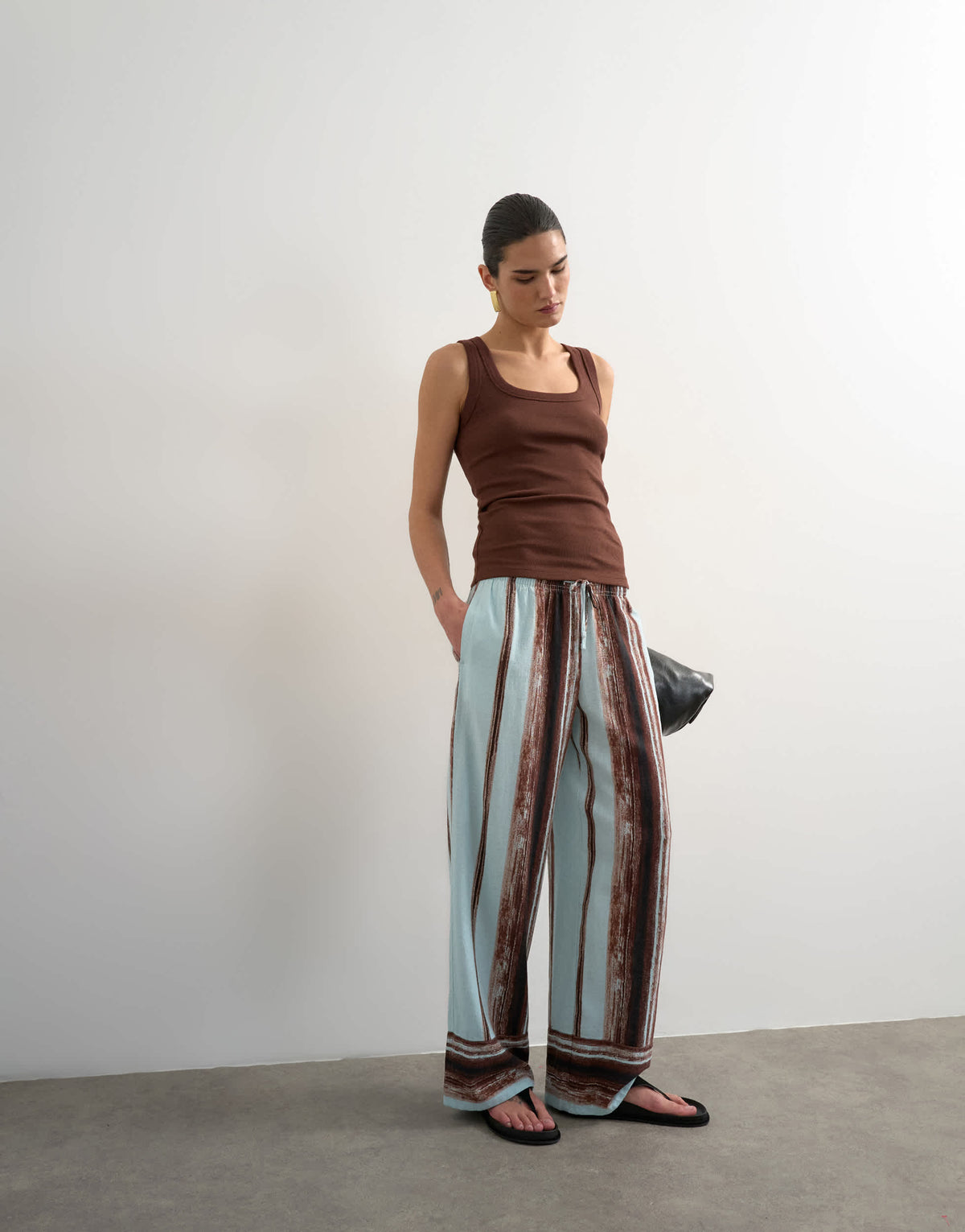 Topshop linen blue painted stripe straight leg trouser with deep cuff in blue
