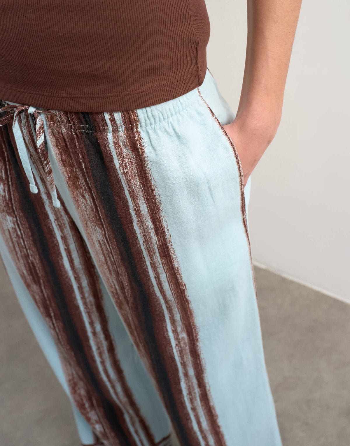 Topshop linen blue painted stripe straight leg trouser with deep cuff in blue