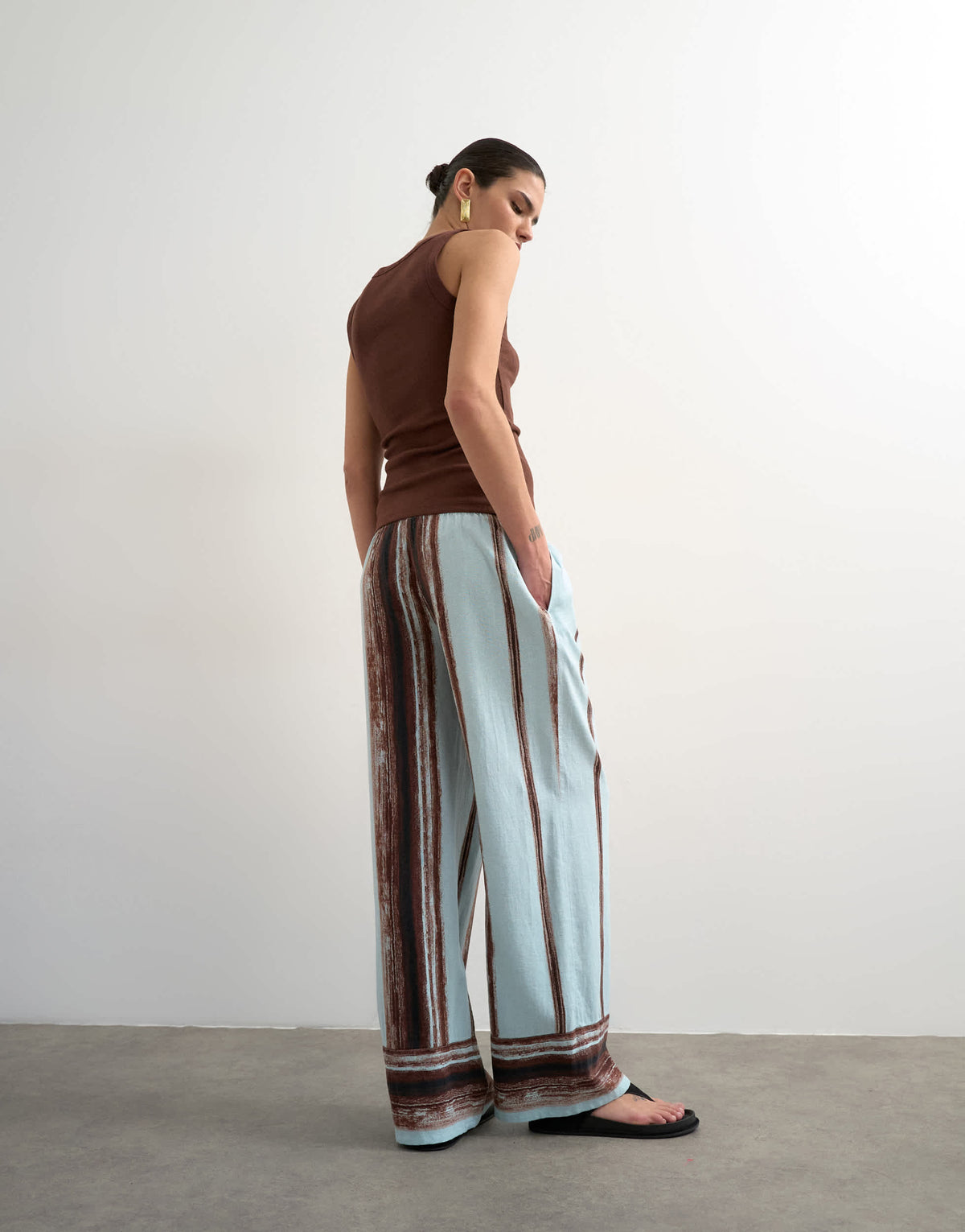 Topshop linen blue painted stripe straight leg trouser with deep cuff in blue