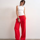 Topshop linen straight leg trouser with deep cuff in red