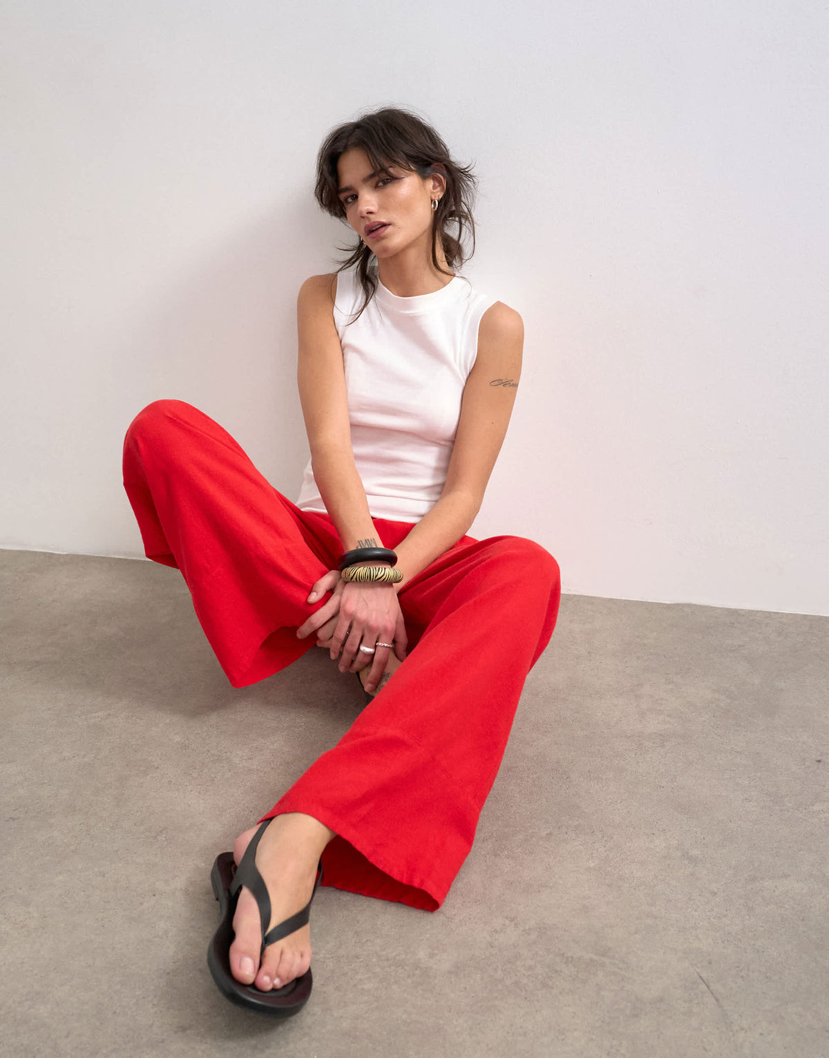 Topshop linen straight leg trouser with deep cuff in red