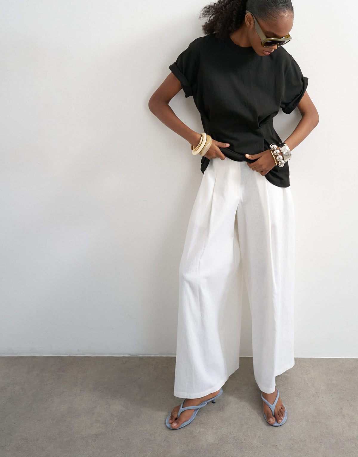 Topshop linen A line wide leg trouser in white