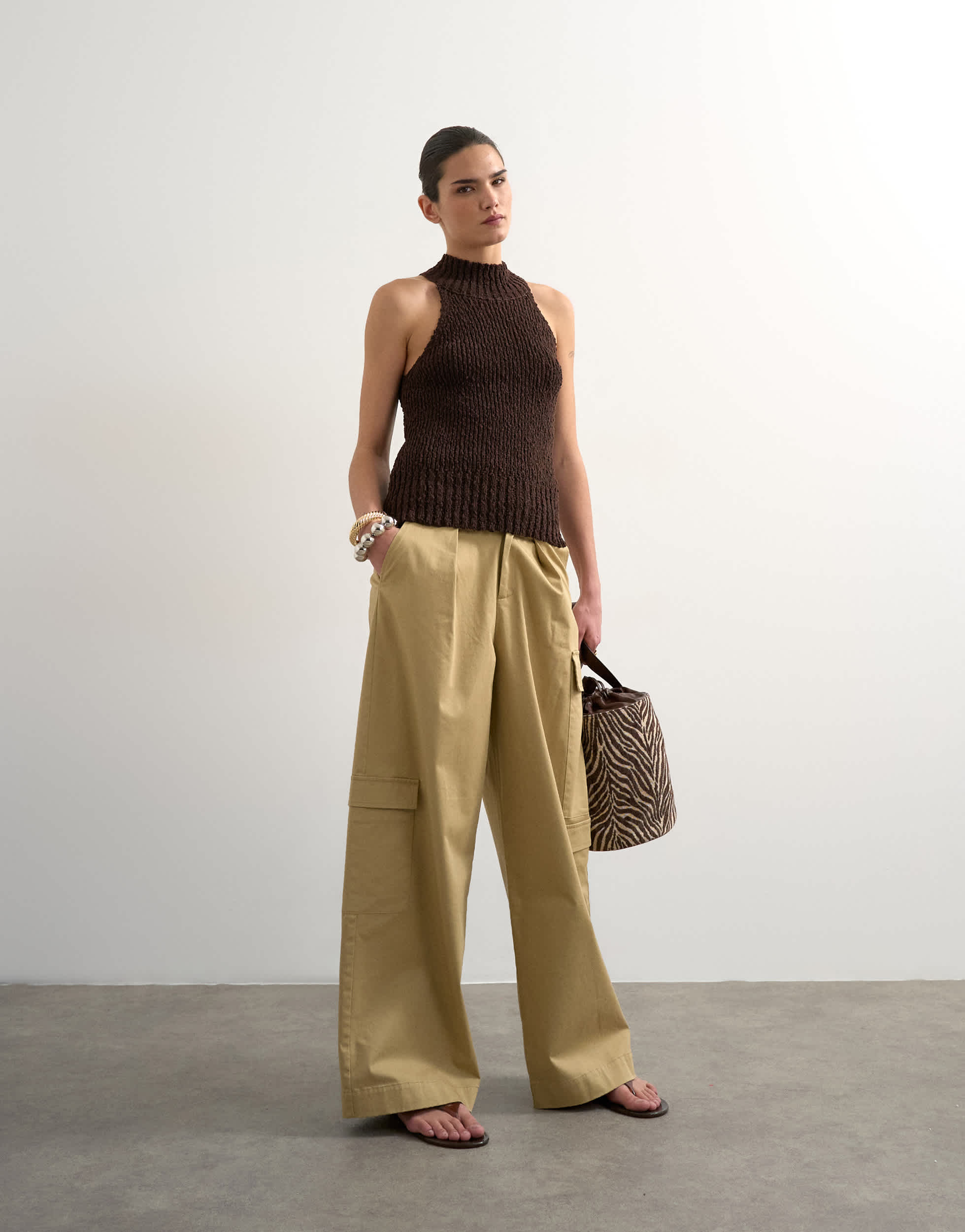 Topshop clean A line wide leg cargo with tie waist in beige