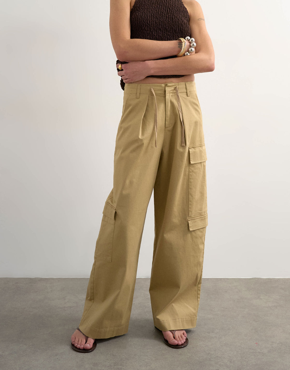 Topshop clean A line wide leg cargo with tie waist in beige