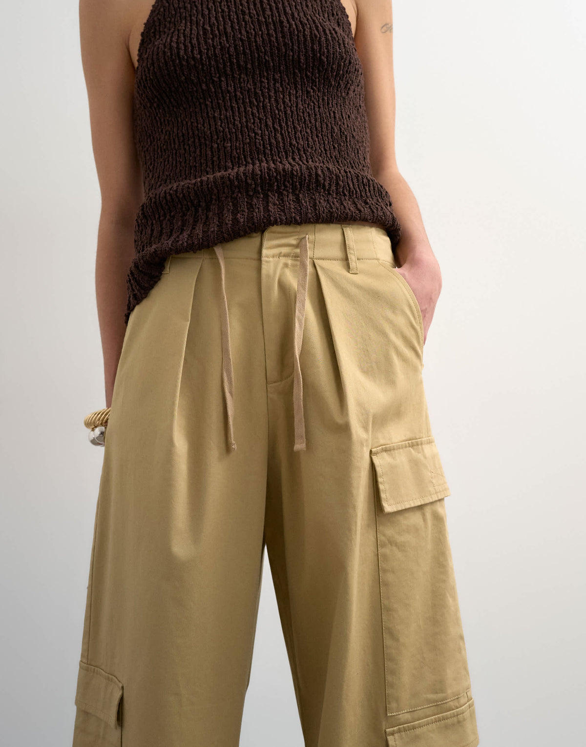 Topshop clean A line wide leg cargo with tie waist in beige
