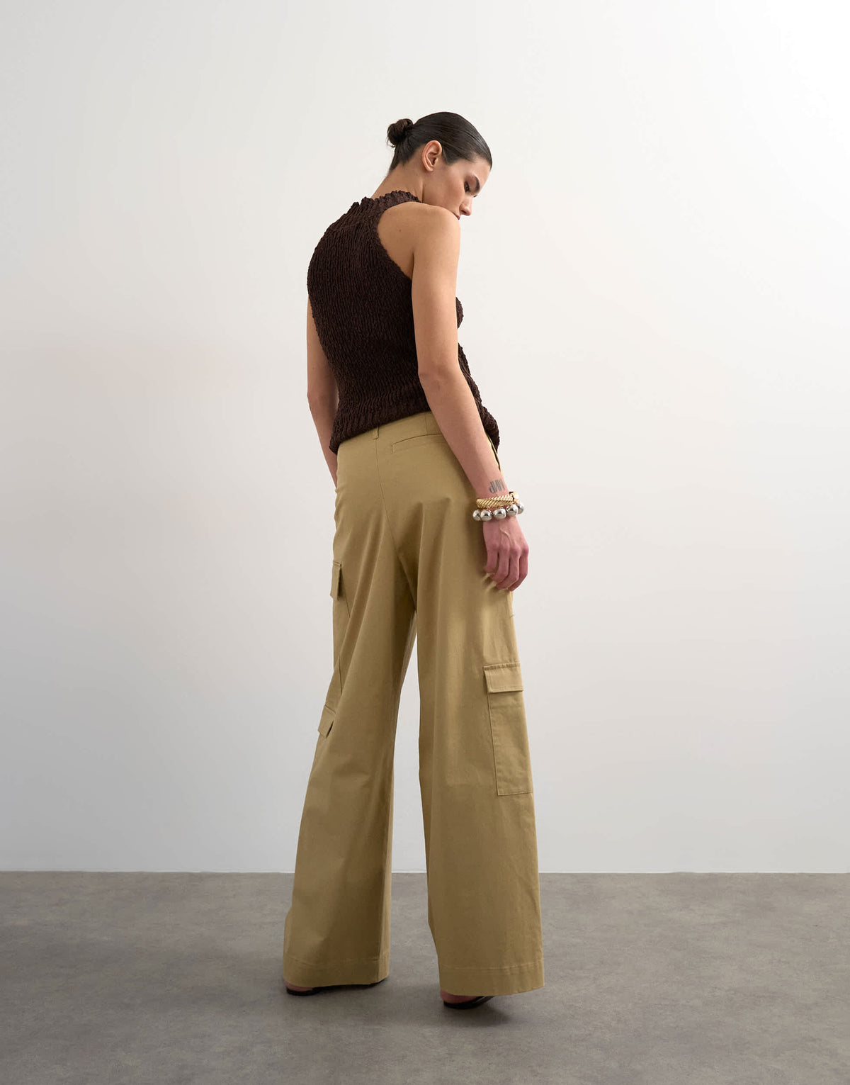 Topshop clean A line wide leg cargo with tie waist in beige