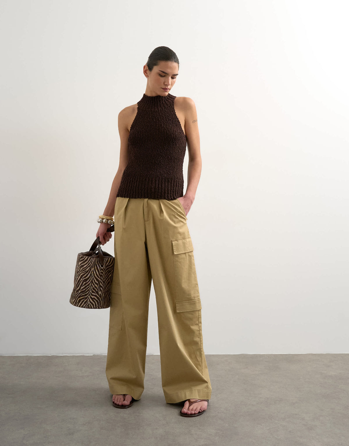 Topshop clean A line wide leg cargo with tie waist in beige