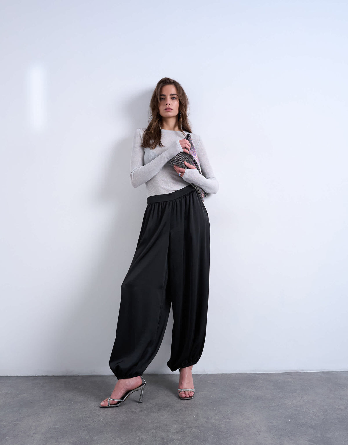 Topshop satin deep waistband balloon trouser in black