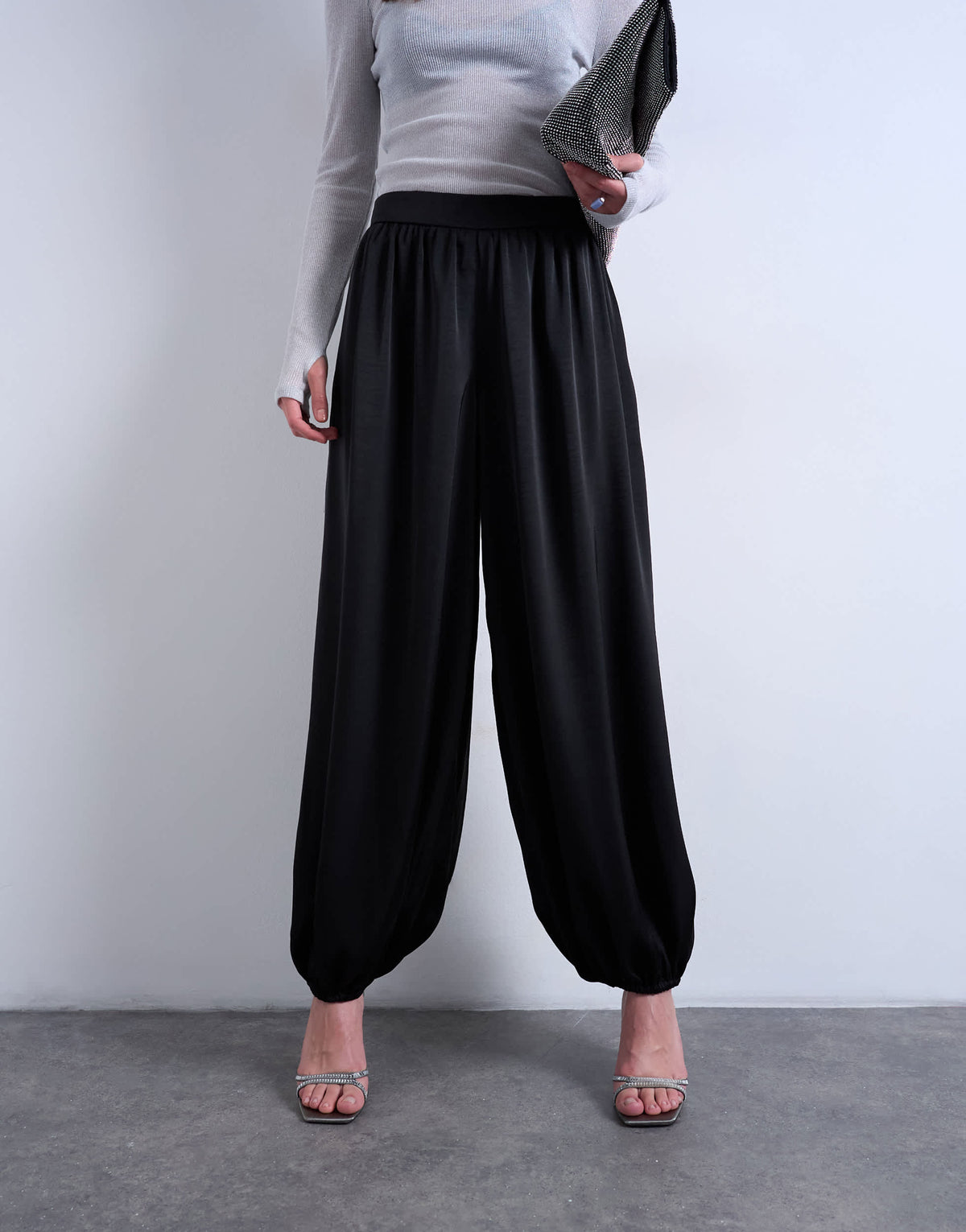 Topshop satin deep waistband balloon trouser in black