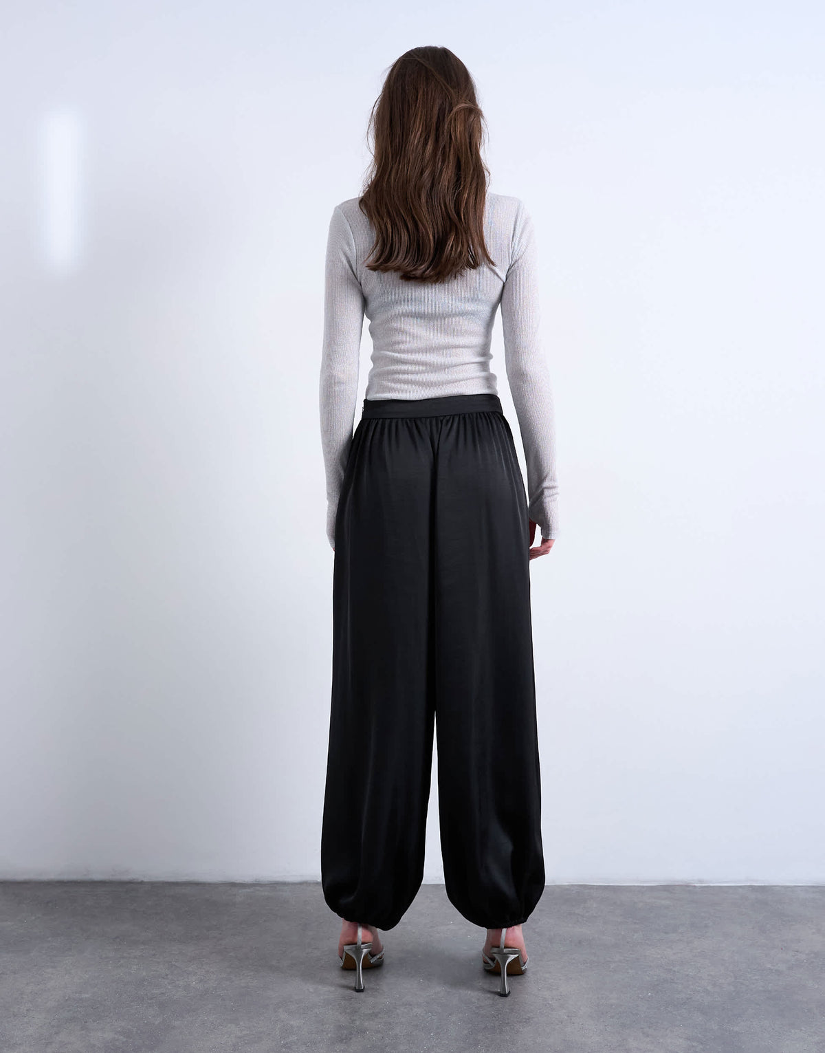 Topshop satin deep waistband balloon trouser in black