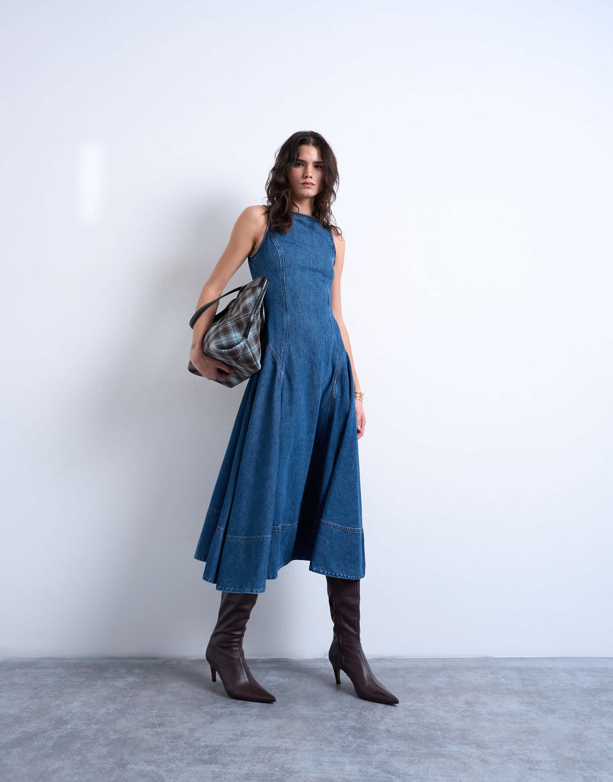 Topshop denim dropped waist seam detail maxi dress in mid blue