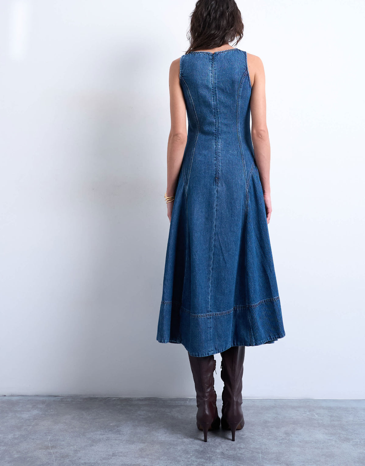 Topshop denim dropped waist seam detail maxi dress in mid blue