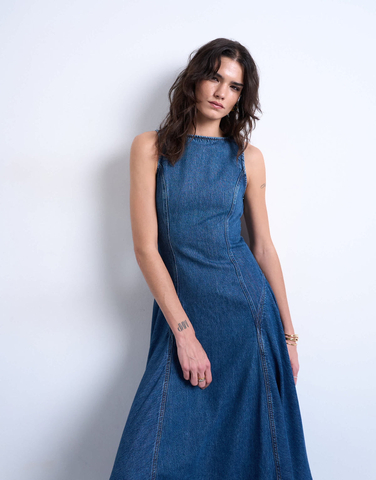 Topshop denim dropped waist seam detail maxi dress in mid blue