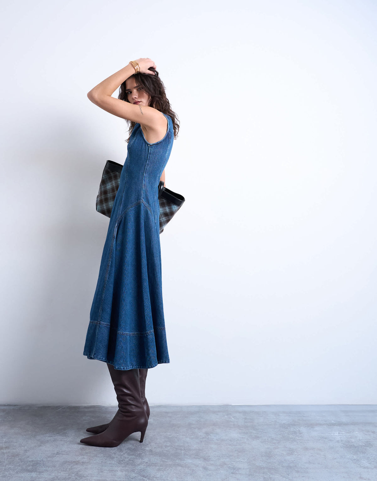 Topshop denim dropped waist seam detail maxi dress in mid blue