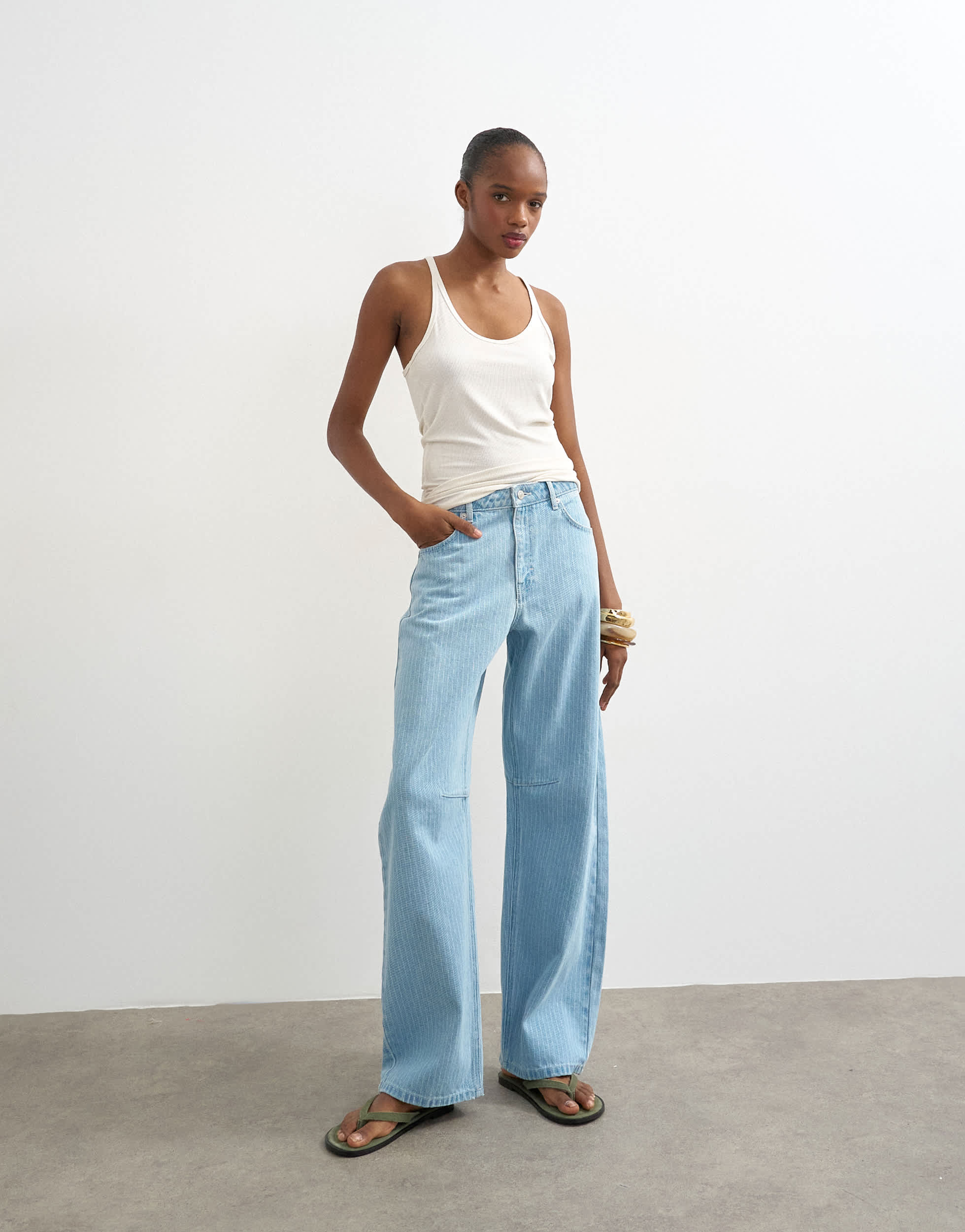 Topshop Barrel mid rise jean in bleach pinstripe
