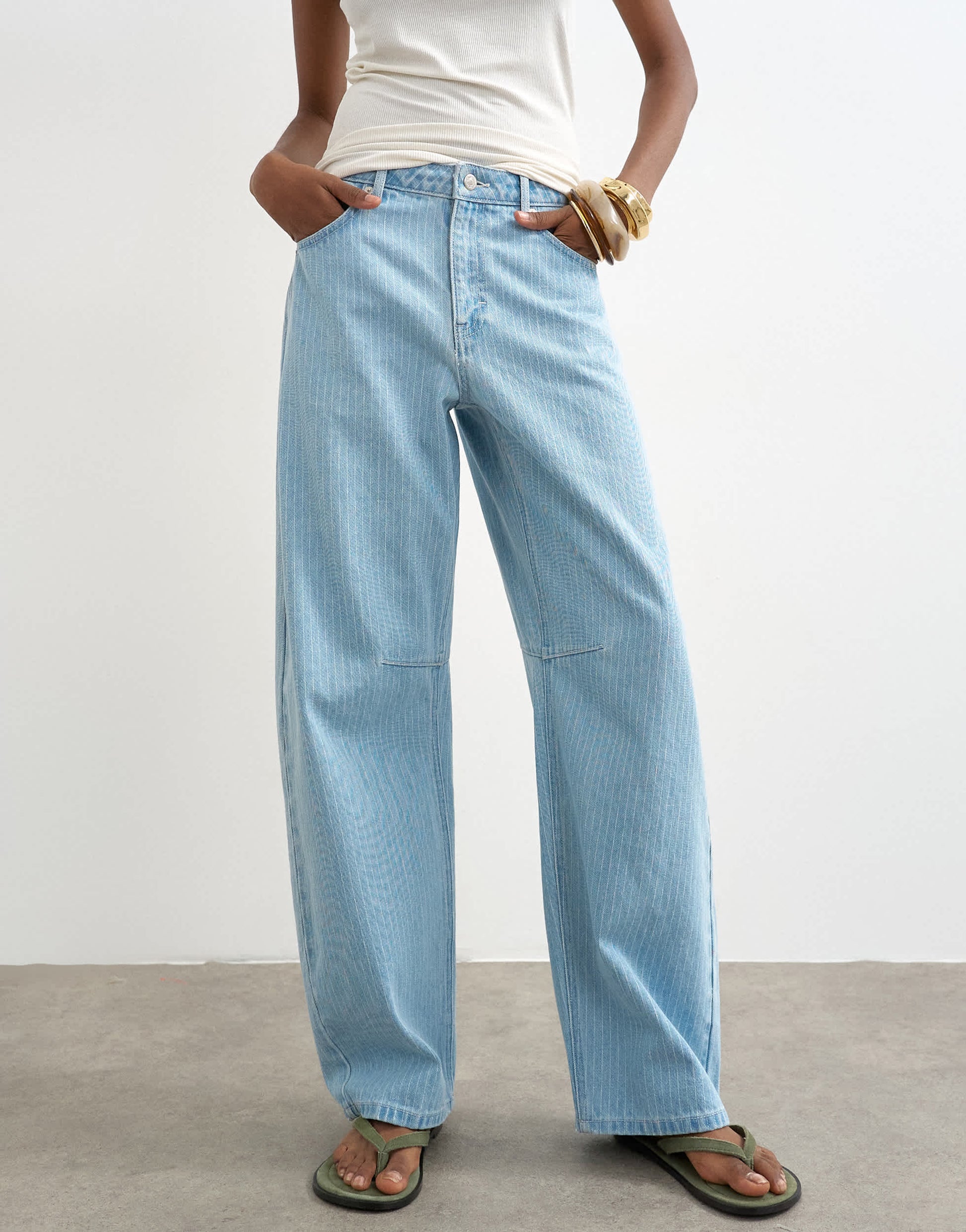 Topshop Barrel mid rise jean in bleach pinstripe