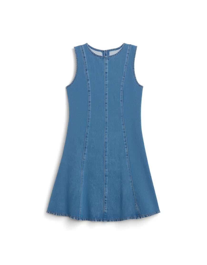 Topshop denim seamed flippy mini dress in mid blue