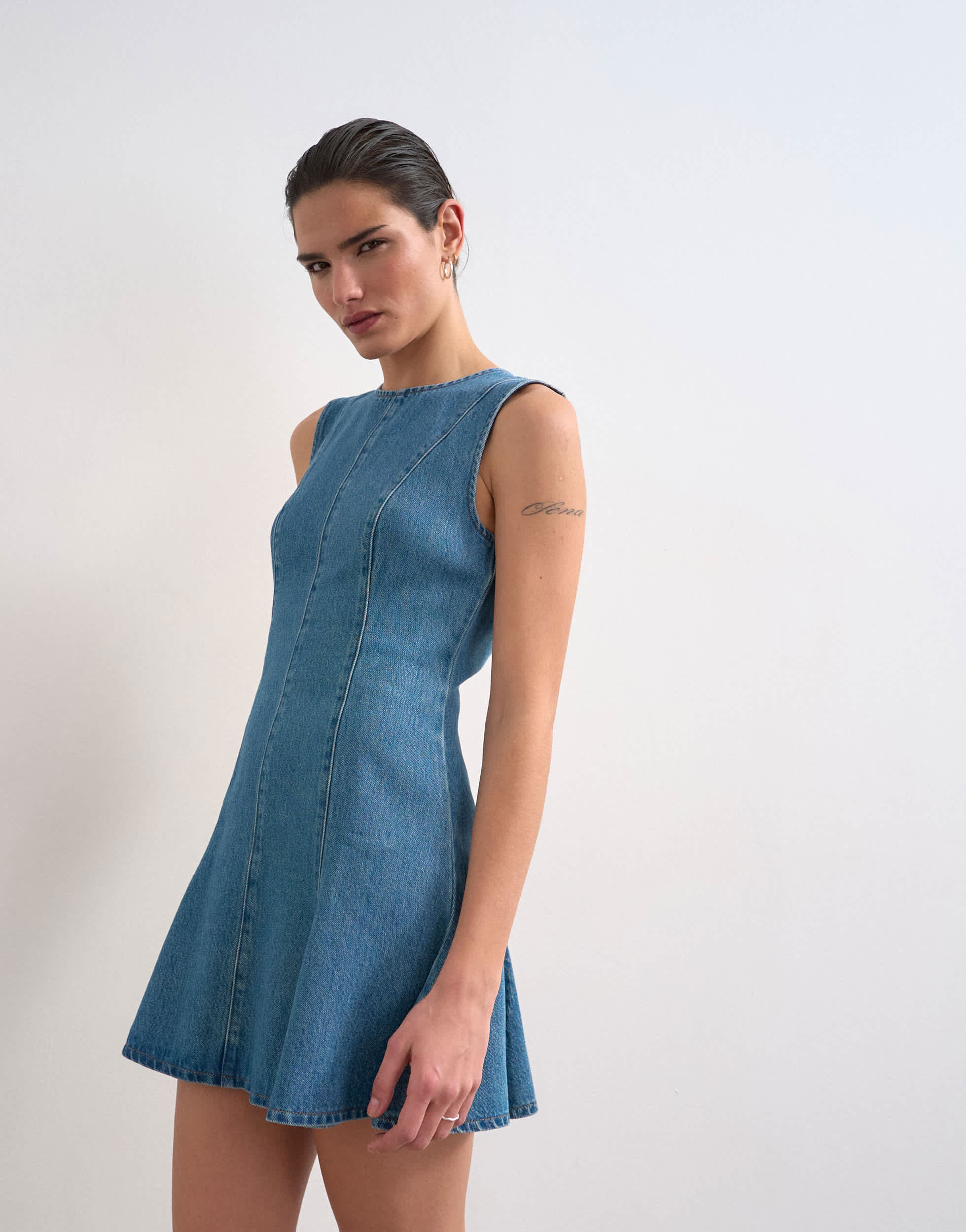 Topshop denim seamed flippy mini dress in mid blue
