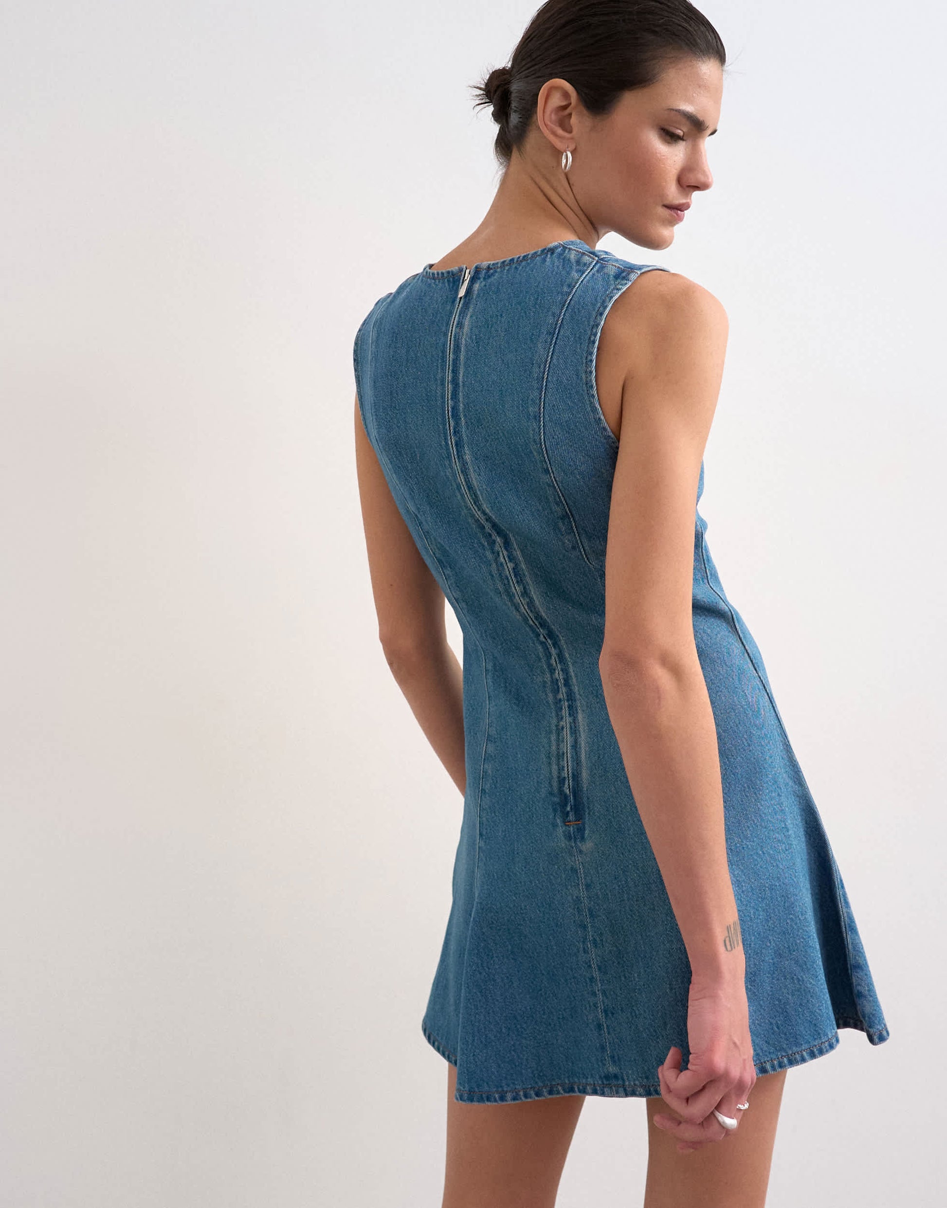 Topshop denim seamed flippy mini dress in mid blue