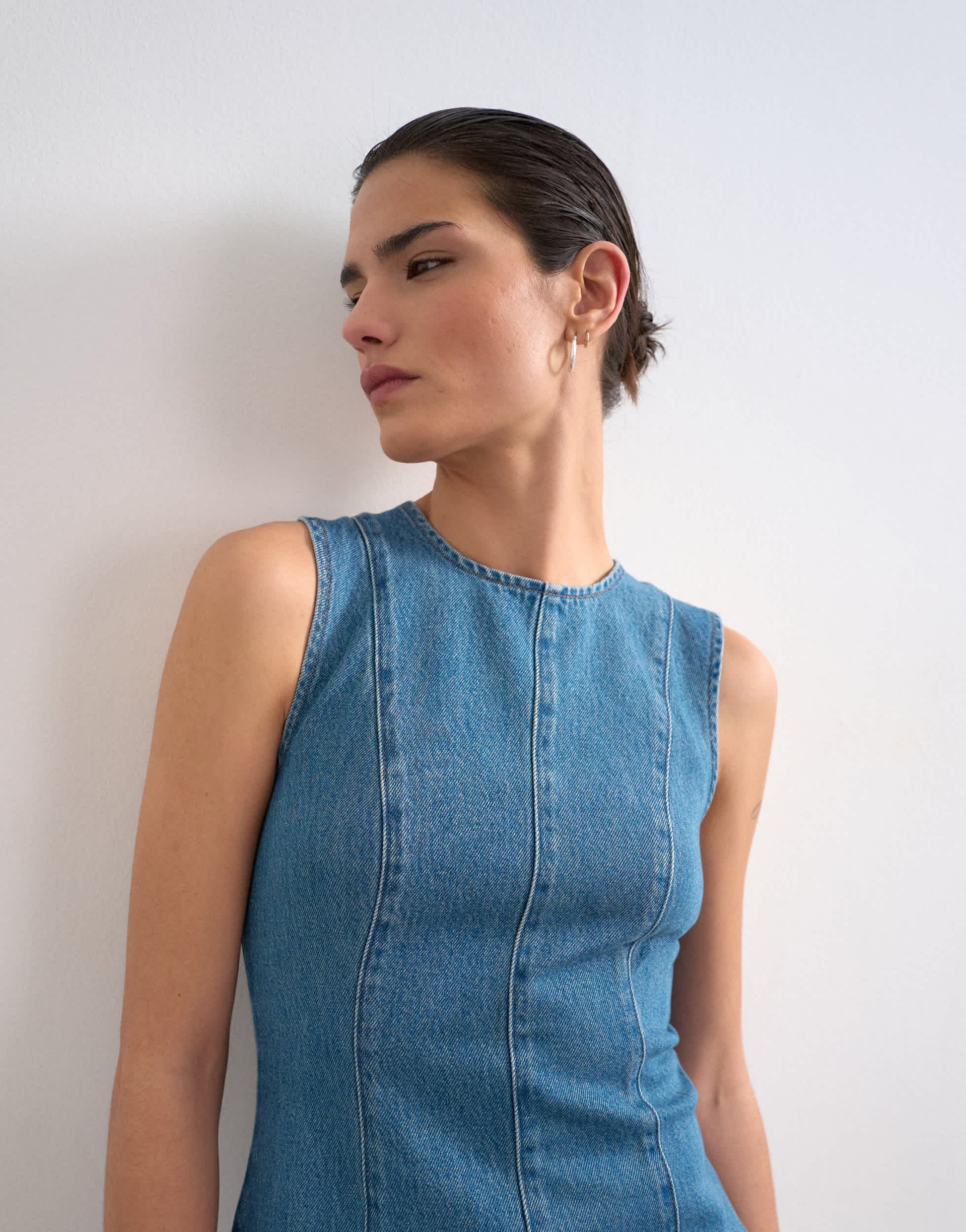 Topshop denim seamed flippy mini dress in mid blue