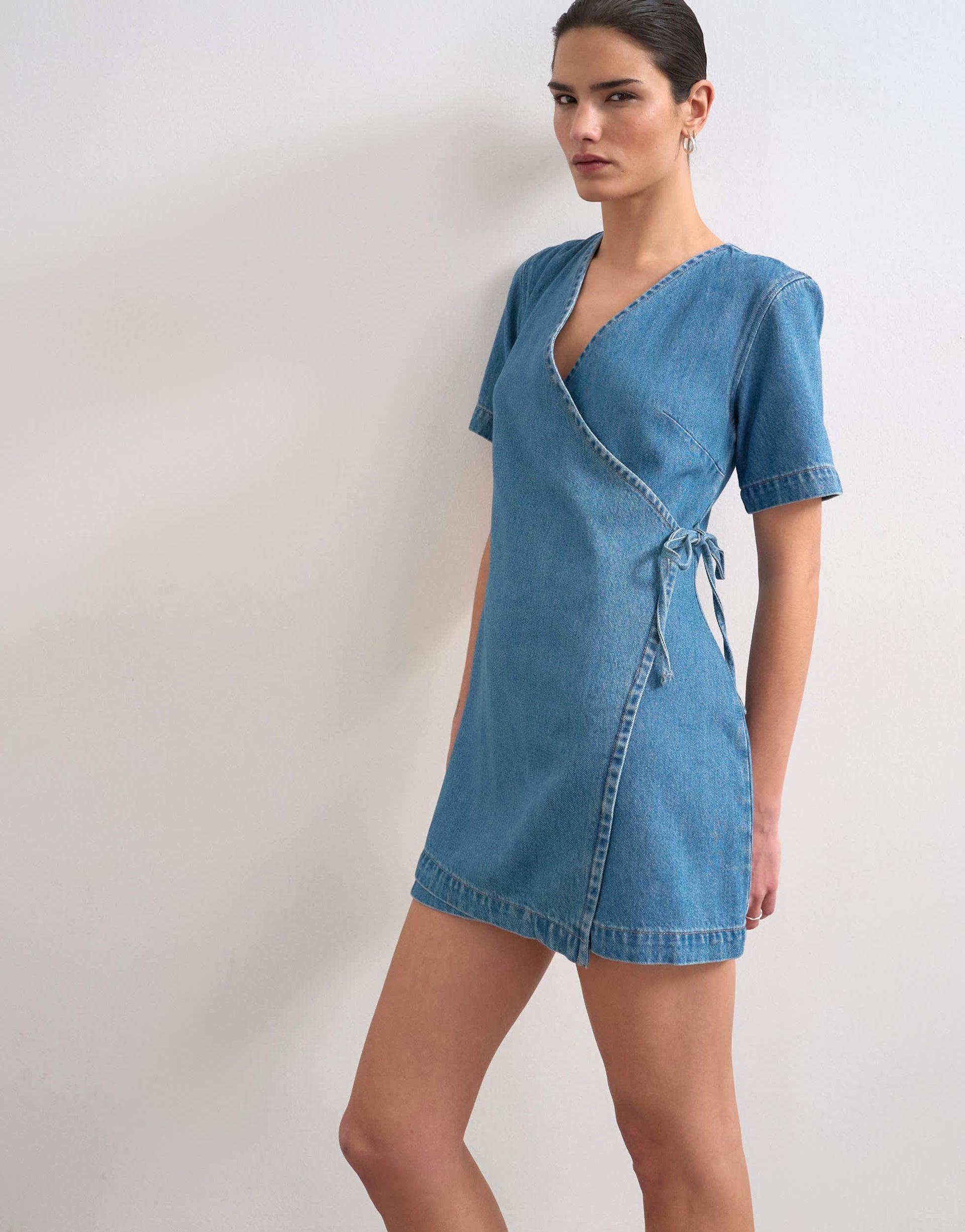 Topshop denim mini wrap dress in mid blue