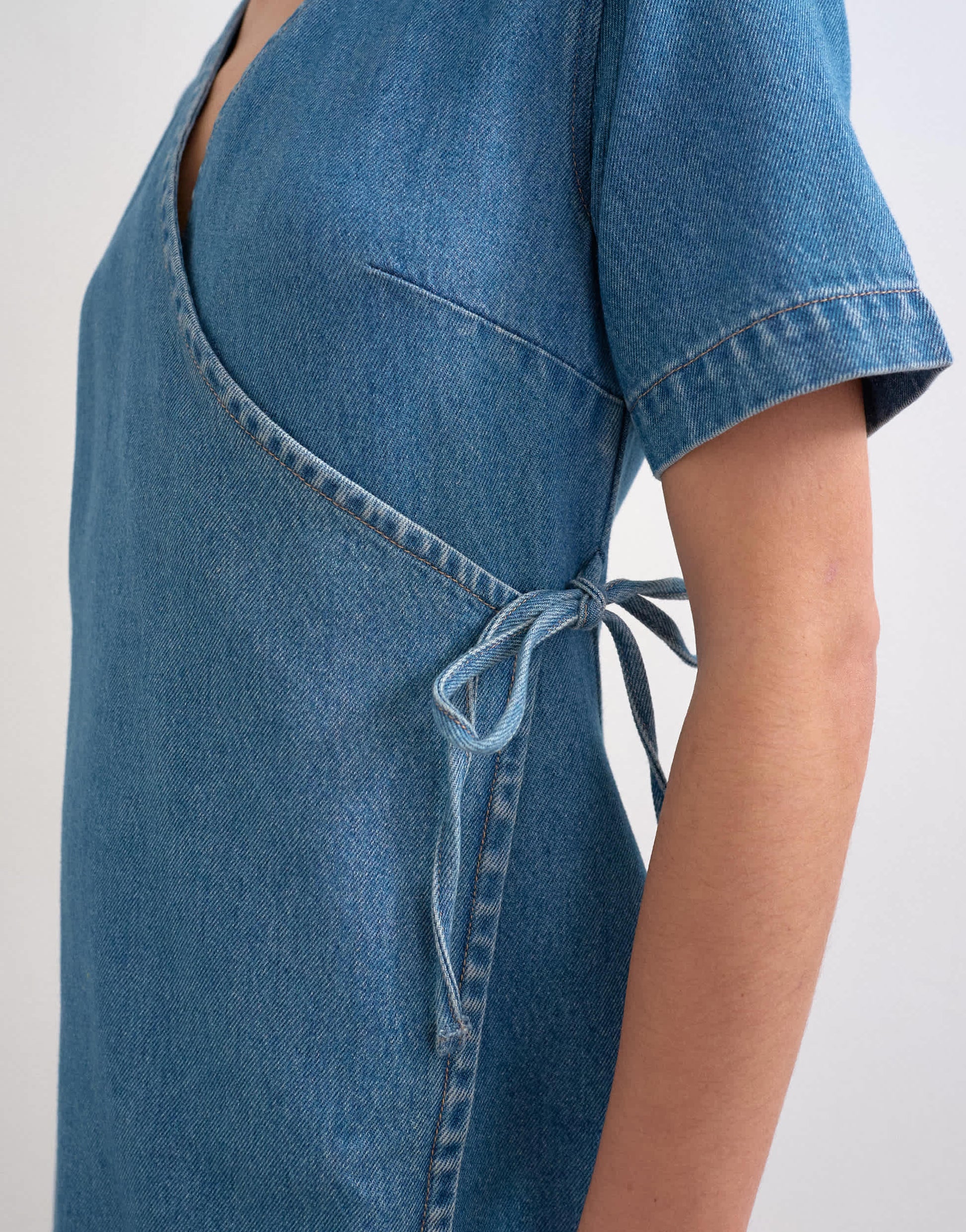 Topshop denim mini wrap dress in mid blue