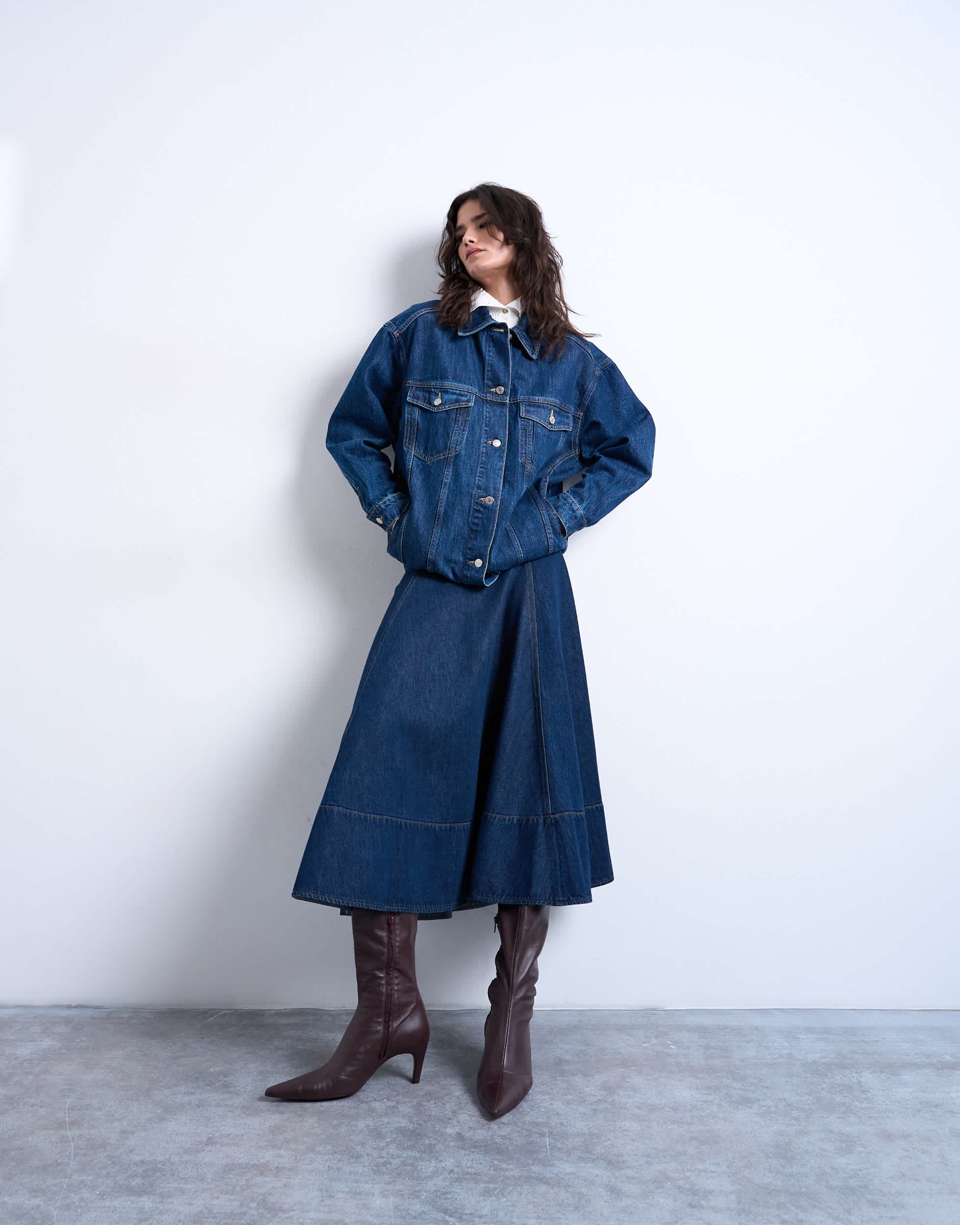 Topshop denim dropped waist seamed midi skirt in rinse