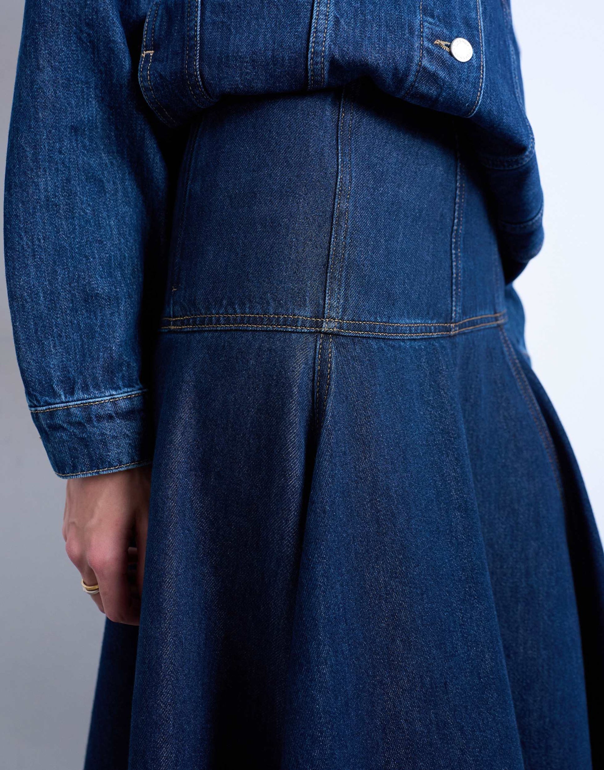 Topshop denim dropped waist seamed midi skirt in rinse