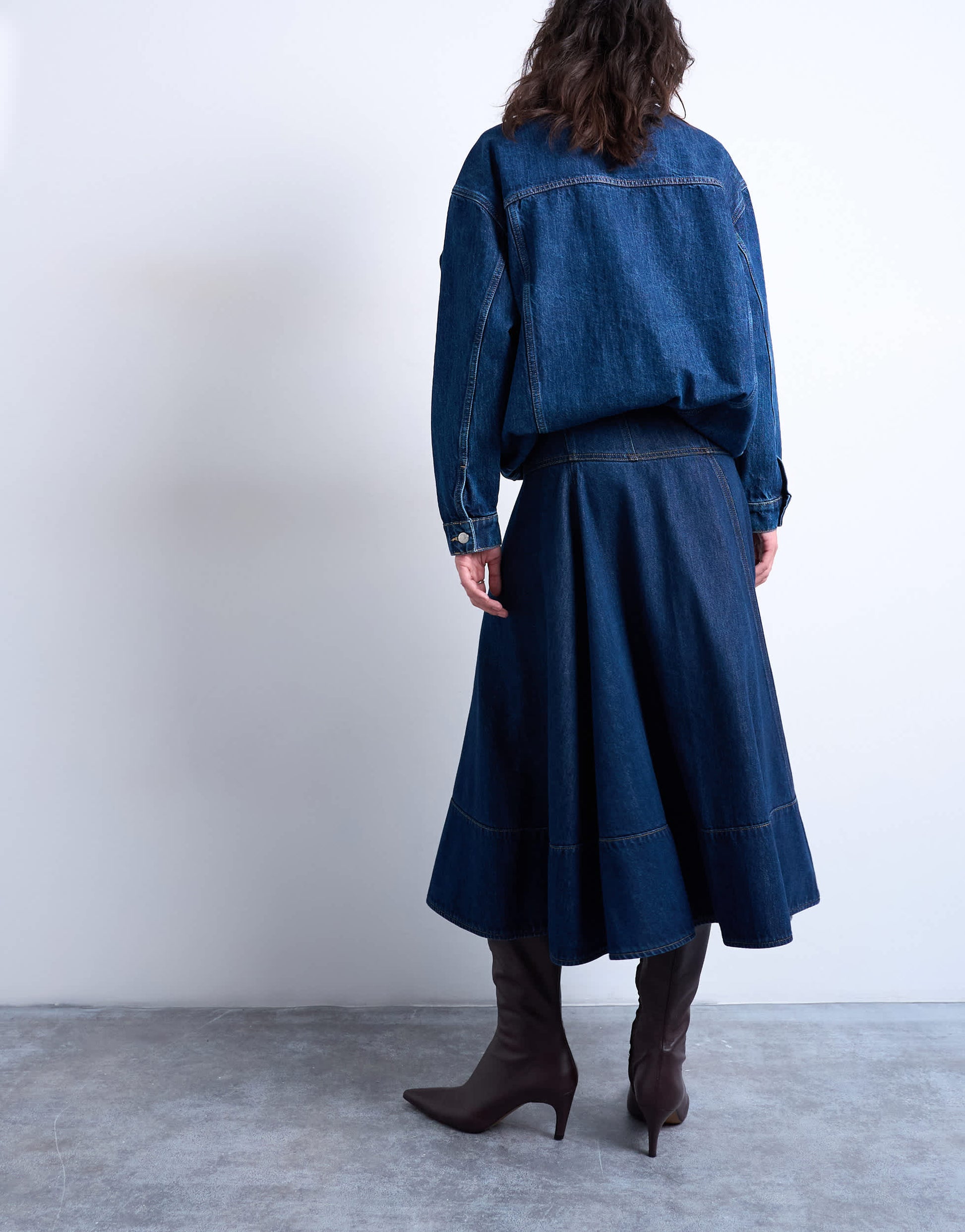 Topshop denim dropped waist seamed midi skirt in rinse