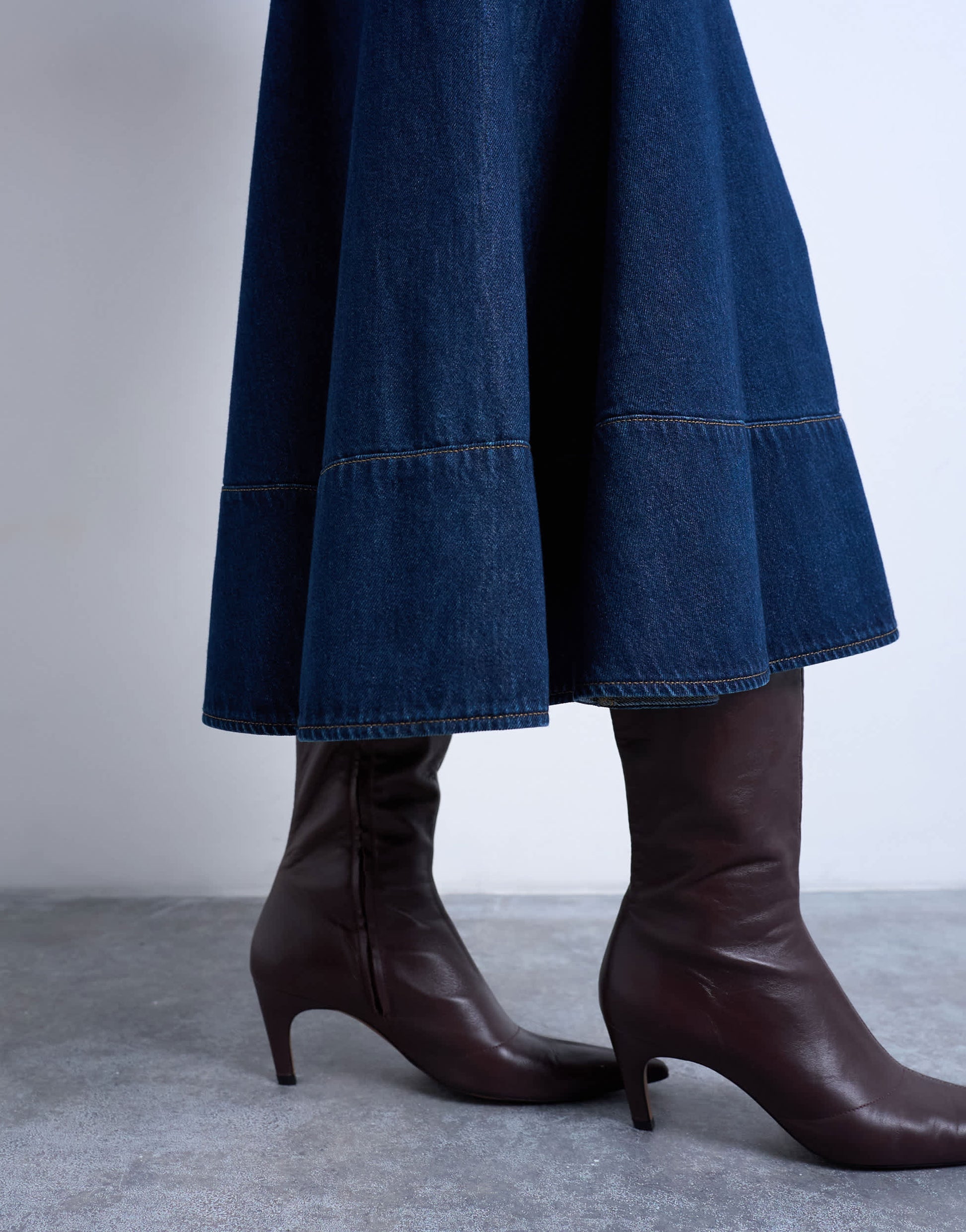 Topshop denim dropped waist seamed midi skirt in rinse