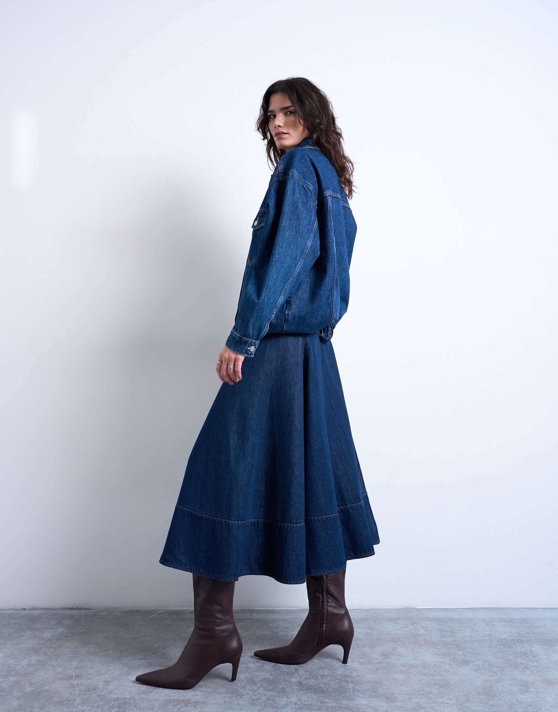 Topshop denim dropped waist seamed midi skirt in rinse