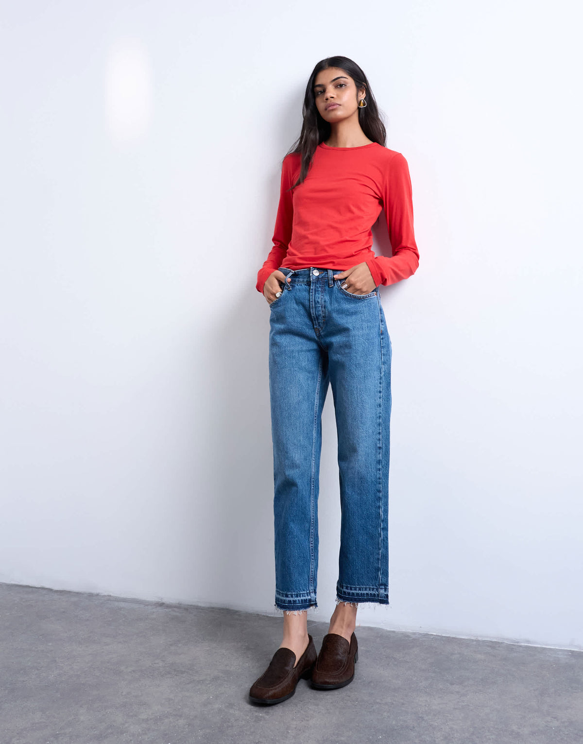 Topshop Runway mid rise straight cropped jean with let down hem detail in vintage blue