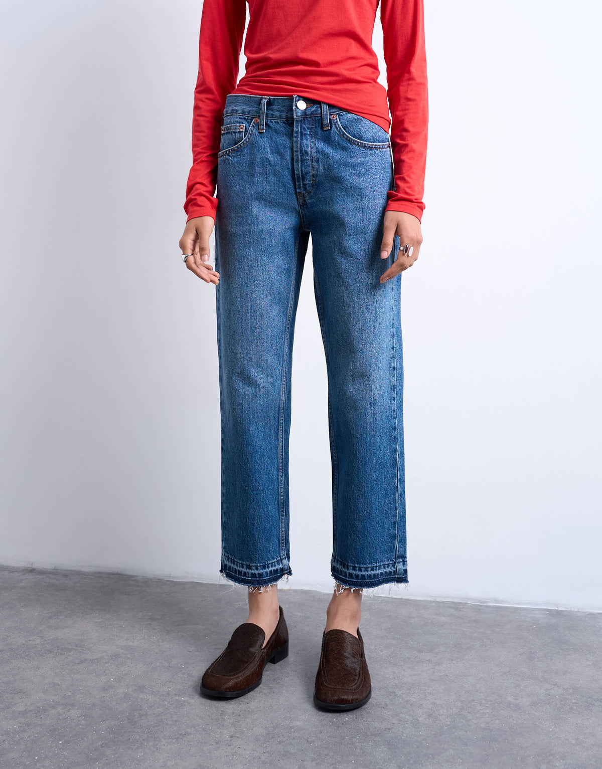 Topshop Runway mid rise straight cropped jean with let down hem detail in vintage blue