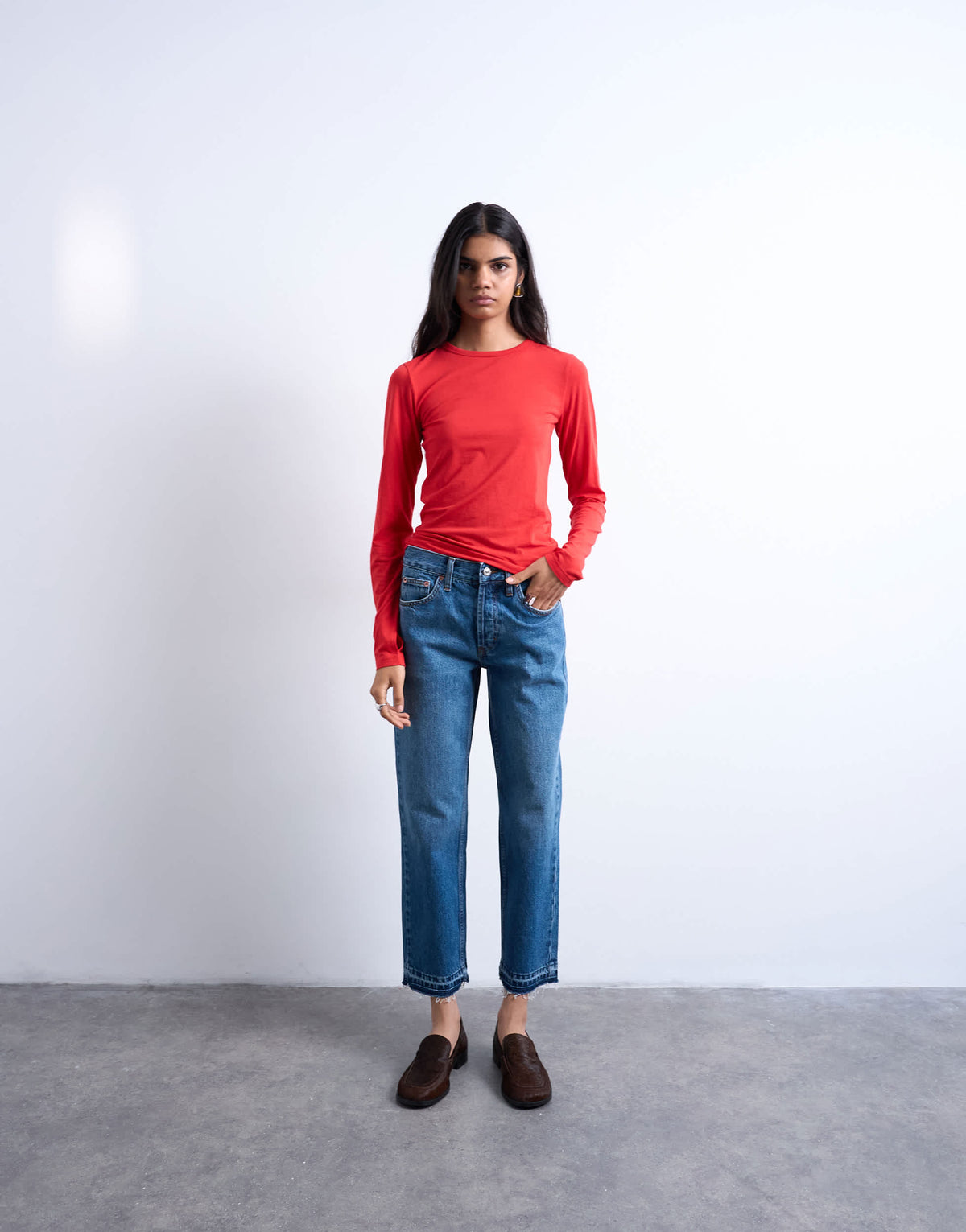 Topshop Runway mid rise straight cropped jean with let down hem detail in vintage blue