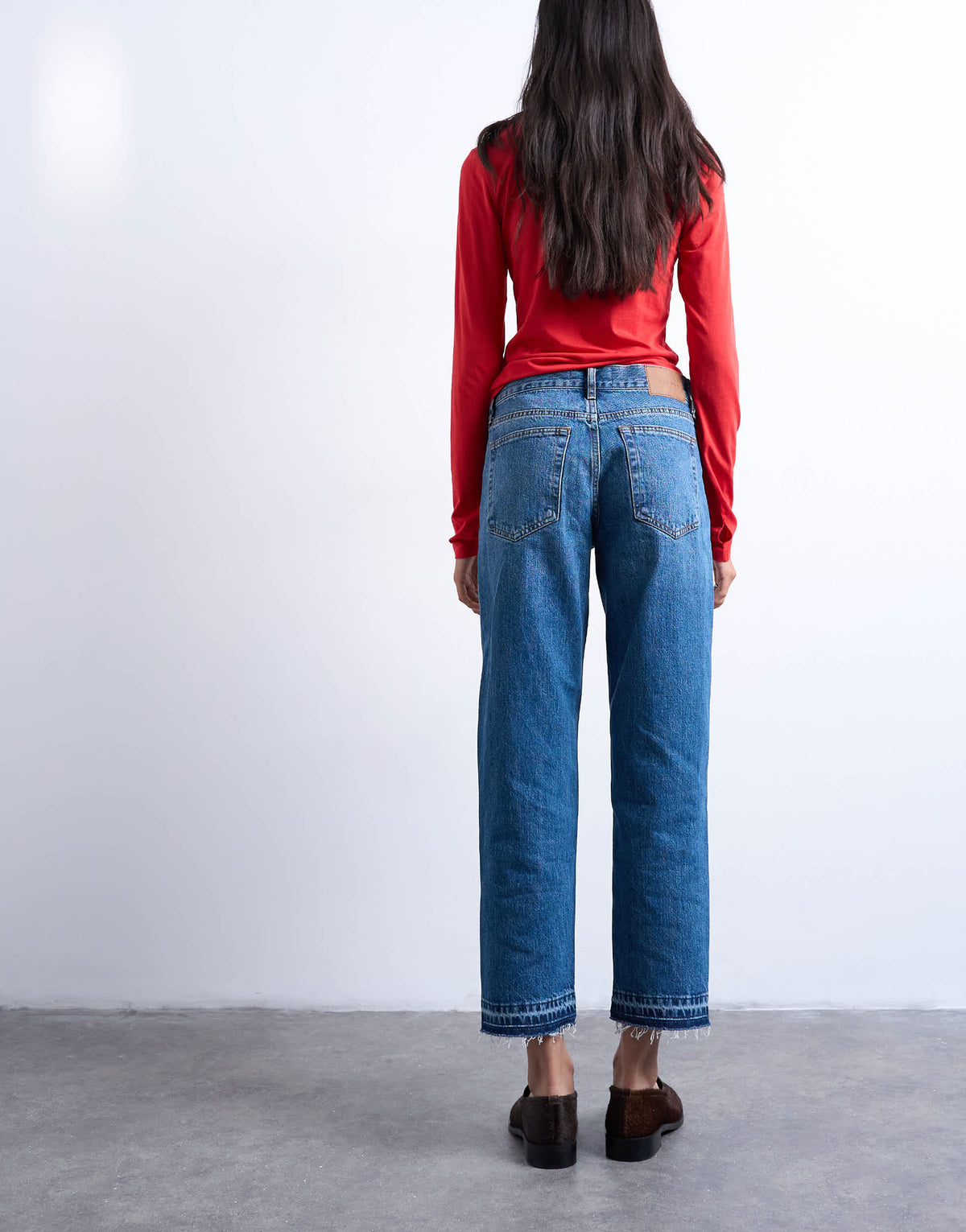 Topshop Runway mid rise straight cropped jean with let down hem detail in vintage blue
